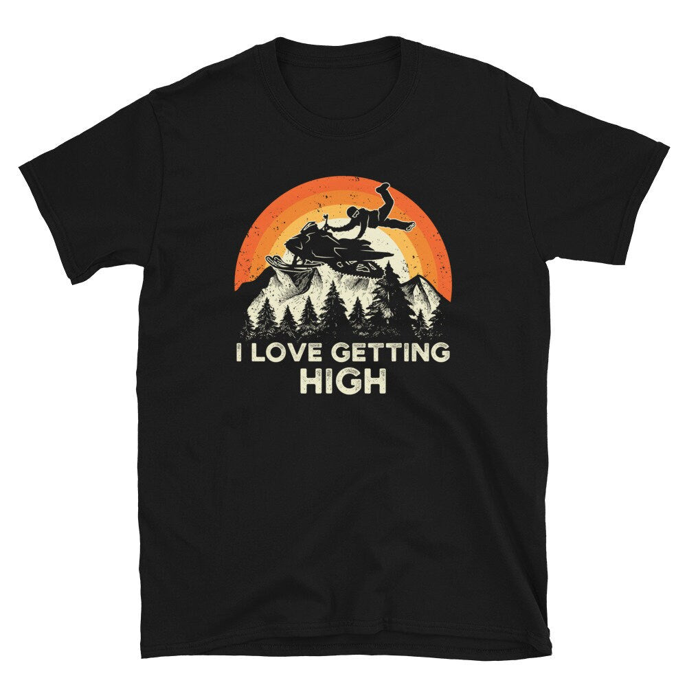 Retro Sunset I Snowmobiler Love Getting High Funny Snowmobile Tshirt Graphic Tee – Feel-Good Design · High-Quality Print