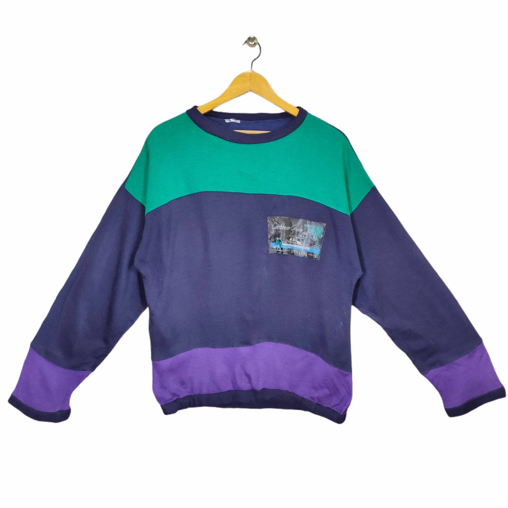 90s Colorblock Shirt Medium Vintage Caribbean Cruise Multicolor Strippes Long Sleeve Pullover Crewneck Green Purple Navy Blue Size M Graphic Tee – Soft Feel · Perfect For Daily Wear