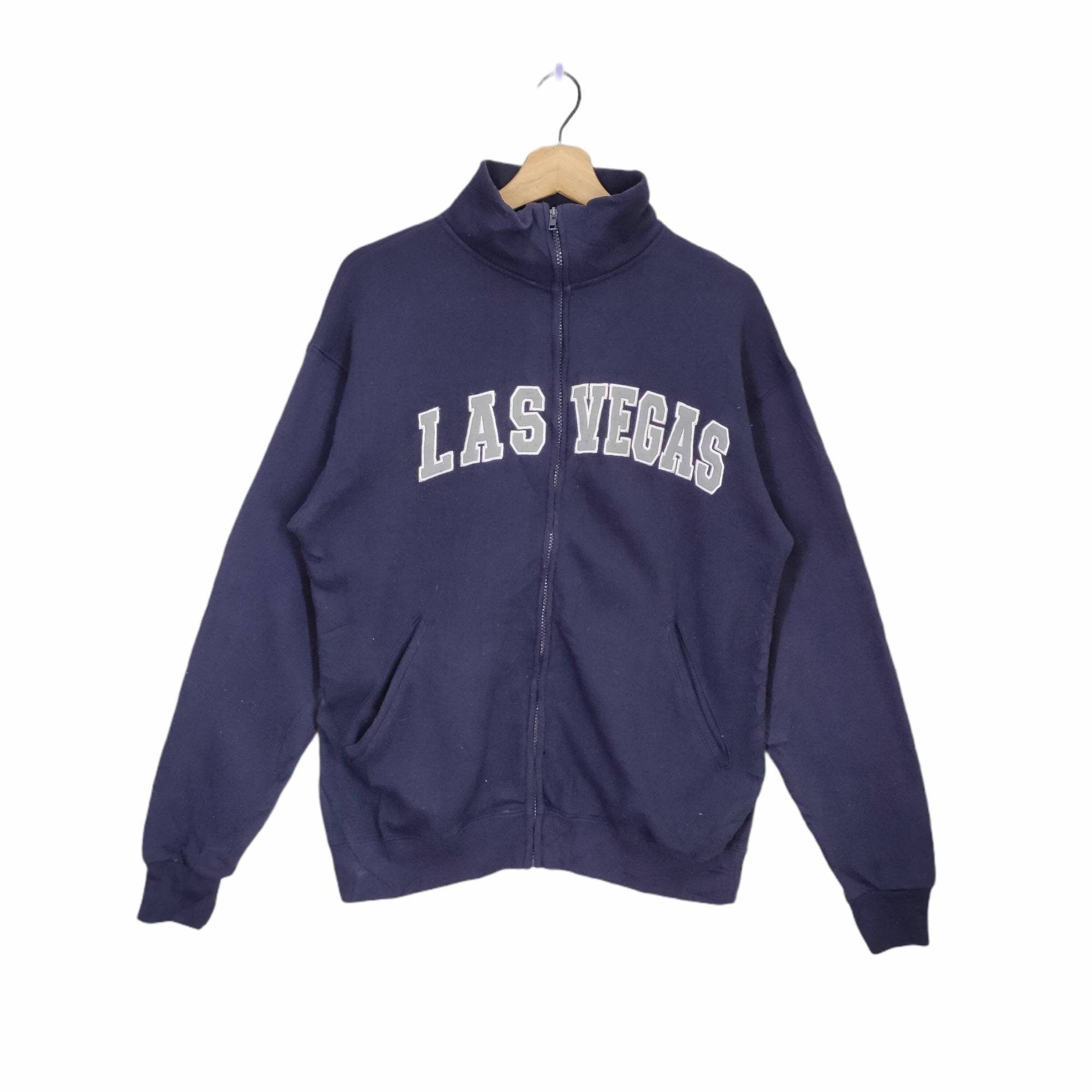 90s Las Vegas Sweater Medium Vintage Las Vegas Zipper Jacket Las Vegas Spellout Embroidery Cardigan Sweater Navy Blue Size M Graphic Tee – Bold Style · Great Gift For Fans