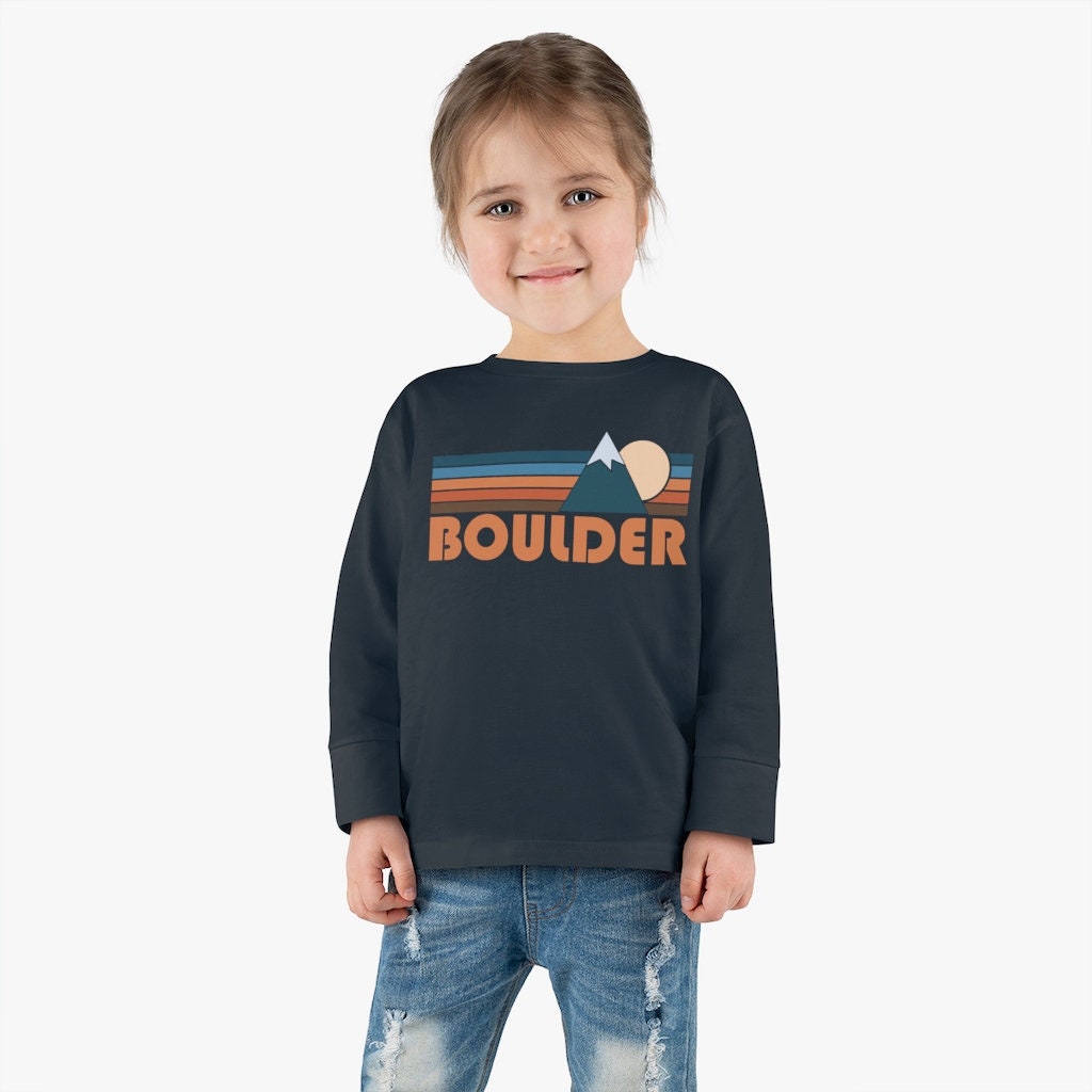 Boulder Colorado Toddler Long Sleeve Shirt Retro Mountain Unisex Toddler Boulder T Shirt Personalization Available Graphic Tee – Bold Style · Trending Graphic Apparel