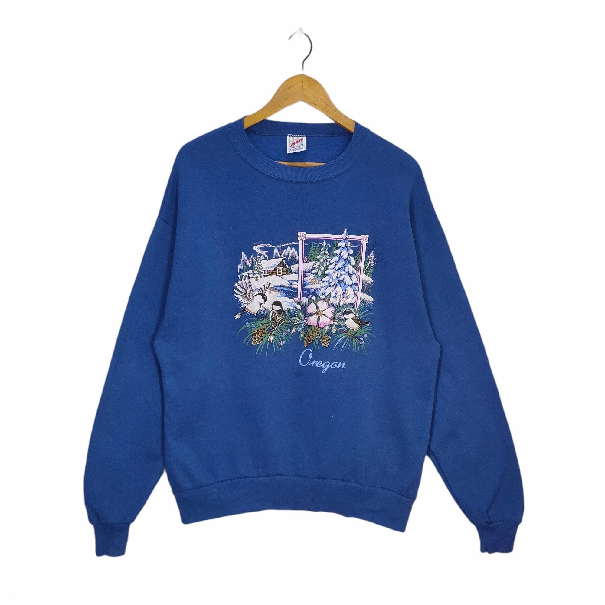 80s 90s Jerzees Made in USA Sweatshirt Medium Vintage Oregon Winter Panorama Animal Print Sweater Jumper Pullover Crewneck Blue Size M Sweatshirt – Fan Favorite · Great Gift For Fans