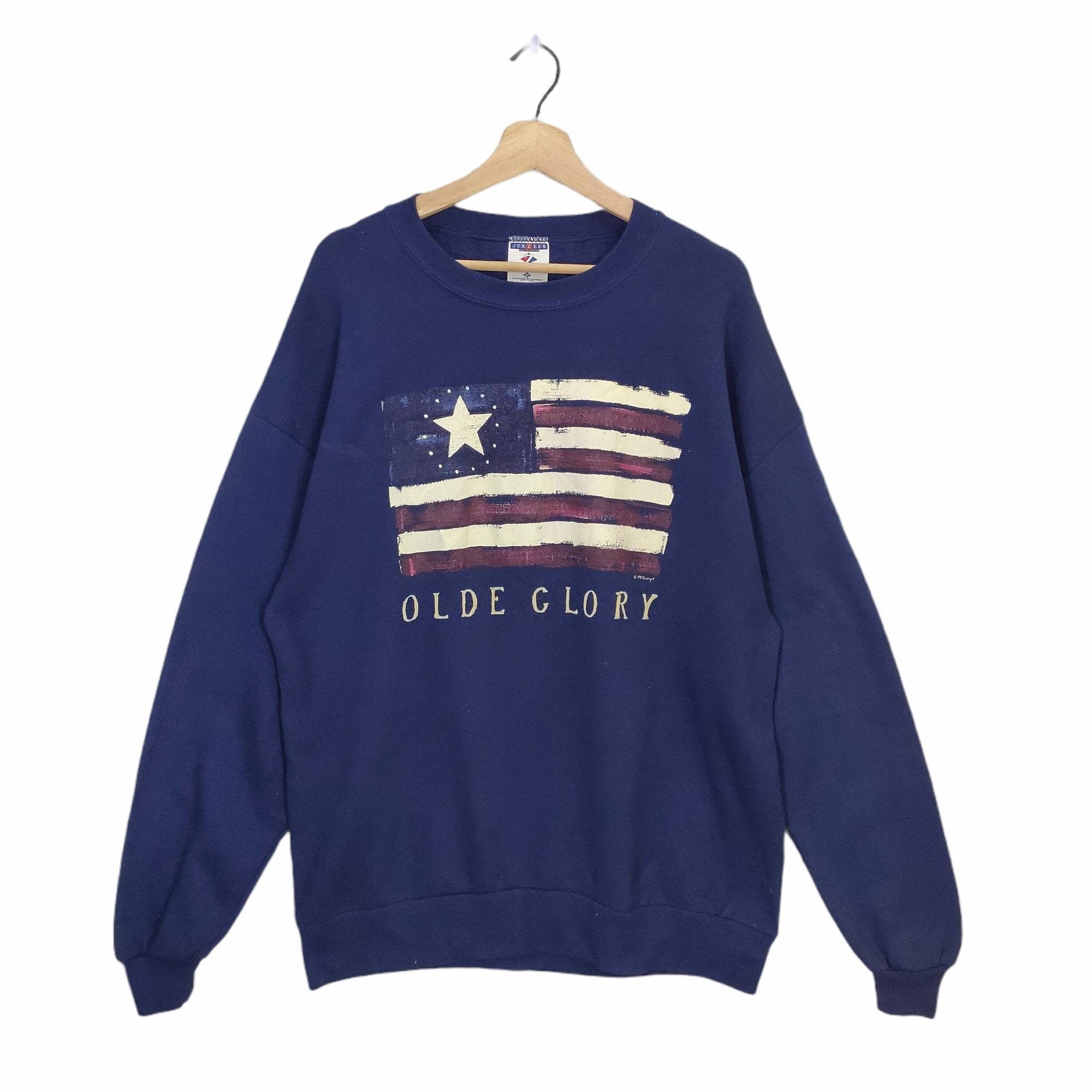 90s Jerzees Made in USA Sweatshirt Large Vintage Olde Glory Sweater Jumper Pullover Crewneck Blue Size L Sweatshirt – Feel-Good Design · Trending Graphic Apparel