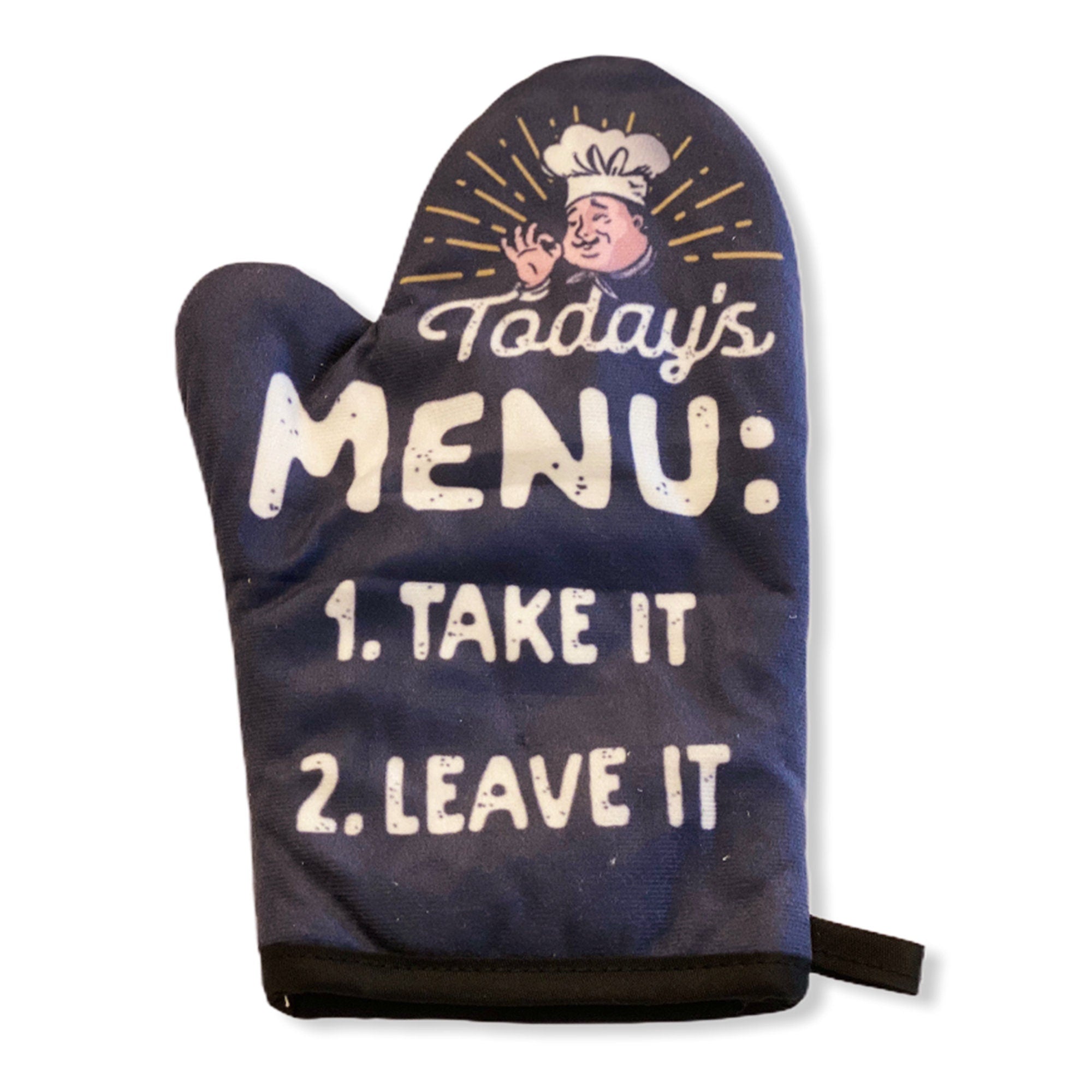 Today39s Menu Take It Leave It Oven Mitt Housewarming Gift Pot Holder Christmas Gift Hostess Gift Funny Oven Mitts Rude Aprons Graphic Tee – Everyday Comfort · Trending Graphic Apparel