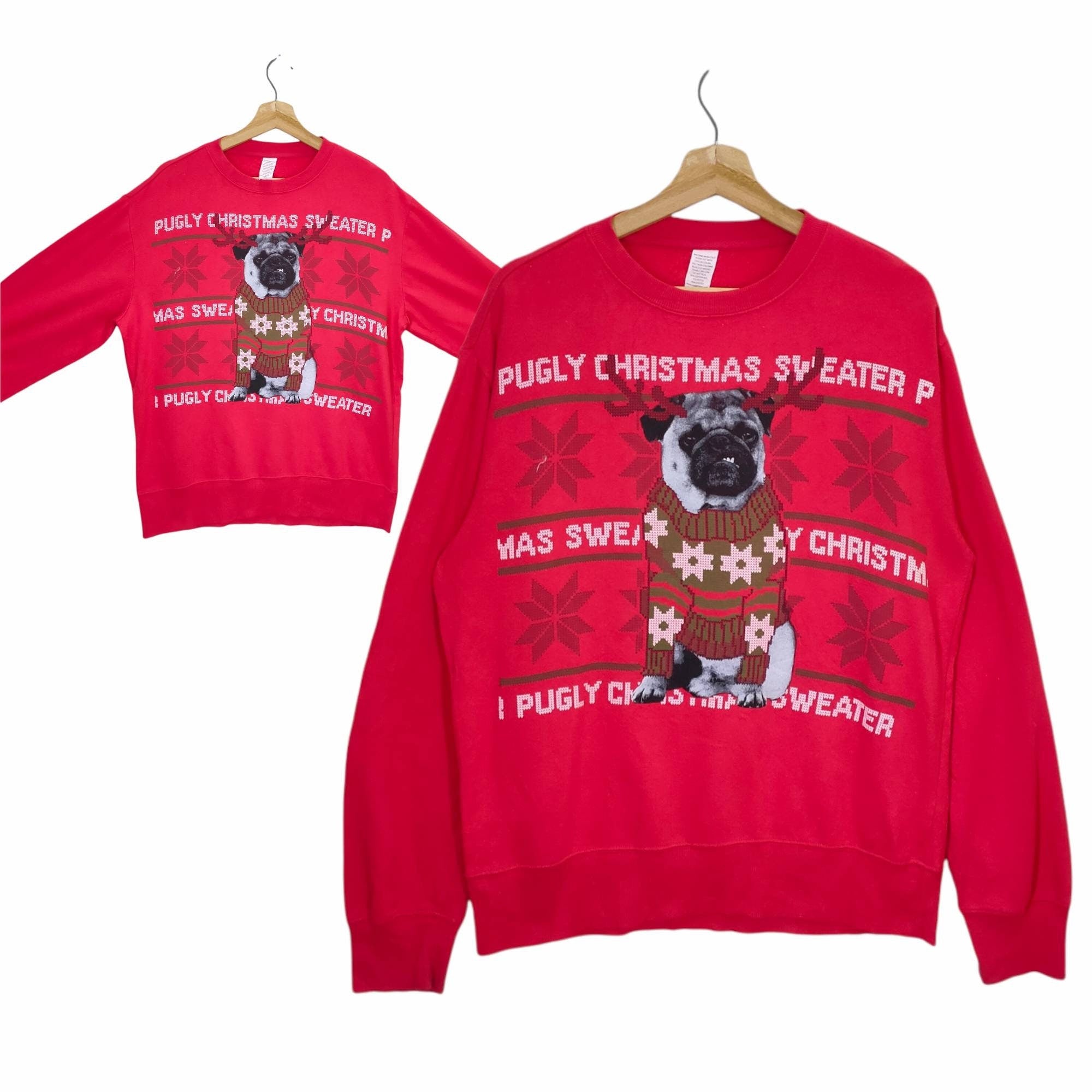 90s Pugly Christmas Sweater Large Vintage Happy Holiday Sweatshirt Jumper Pullover Crewneck Red Womens Size L Sweatshirt – Aesthetic Look · Great Gift For Fans
