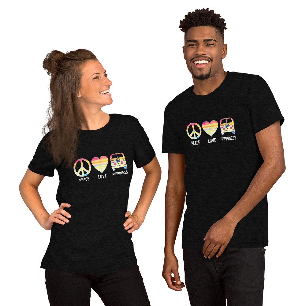 Peace Love Hippiness 70s Retro Short Sleeve Unisex T Shirt Graphic Tee – Soft Feel · Trending Graphic Apparel