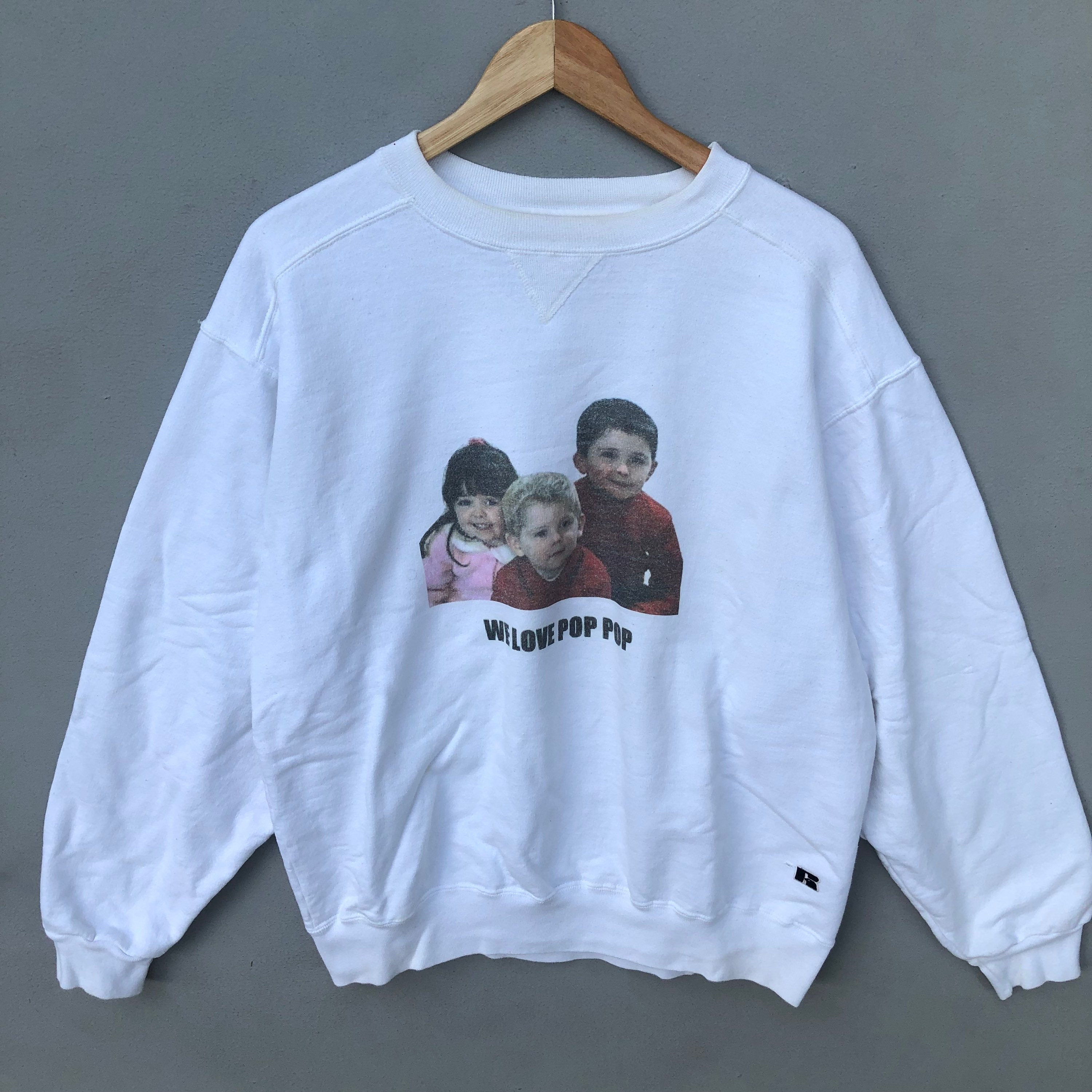 Vintage 90s Russel Tag We Love Pop Pop Printed Sweatshirt Crewneck Colour White Size Large Sweatshirt – Bold Style · Trending Graphic Apparel