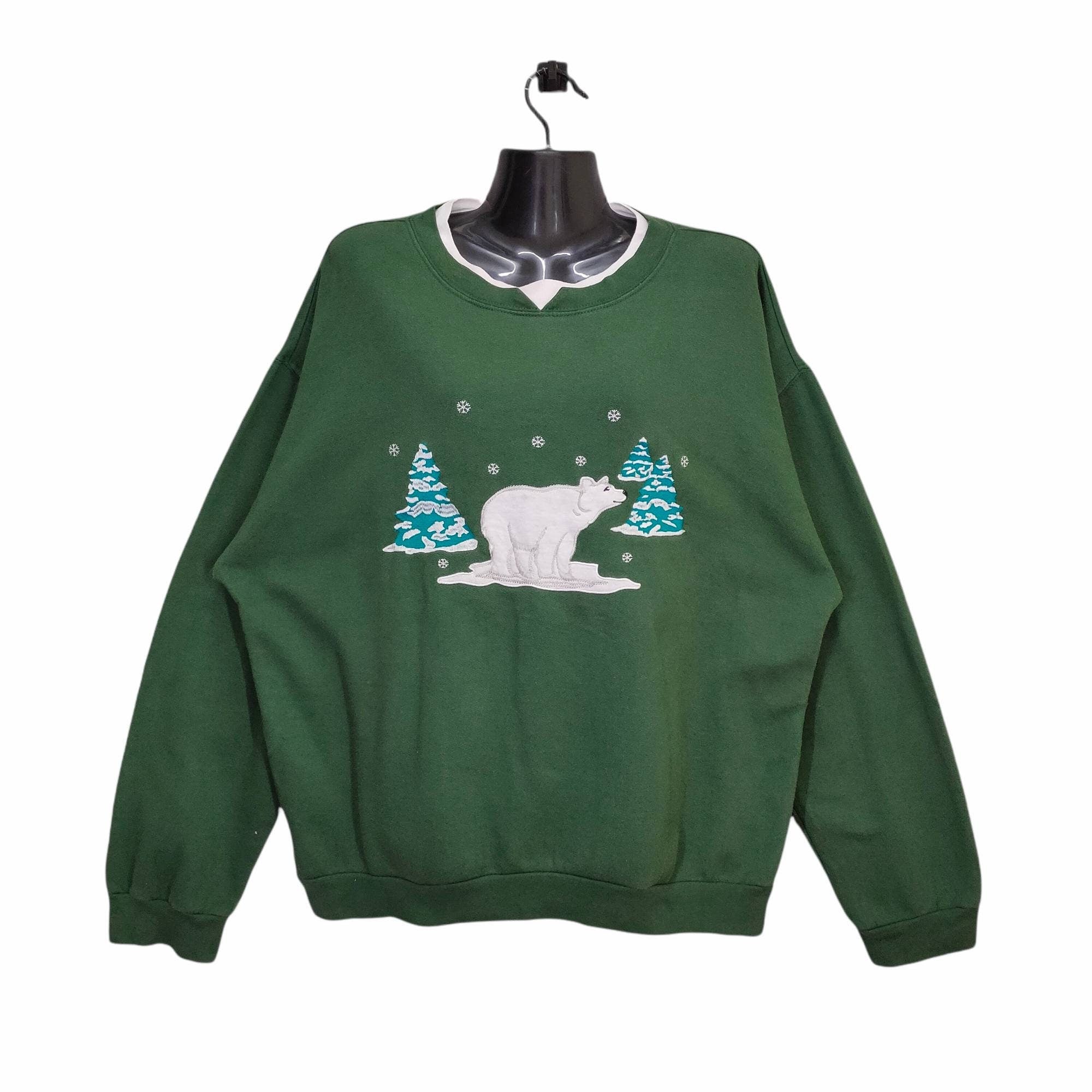 Y2K Polar Bear Embroidery Sweater Small Vintage Sweatshirt Animal Print Jumper Pullover Green Unisex Size XL Sweatshirt – Aesthetic Look · Top Pick For Any Outfit