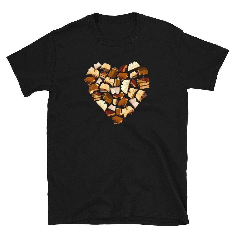 Books Arranged in Hearts Bookworm Unisex T Shirt Graphic Tee – Aesthetic Look · Perfect For Daily Wear