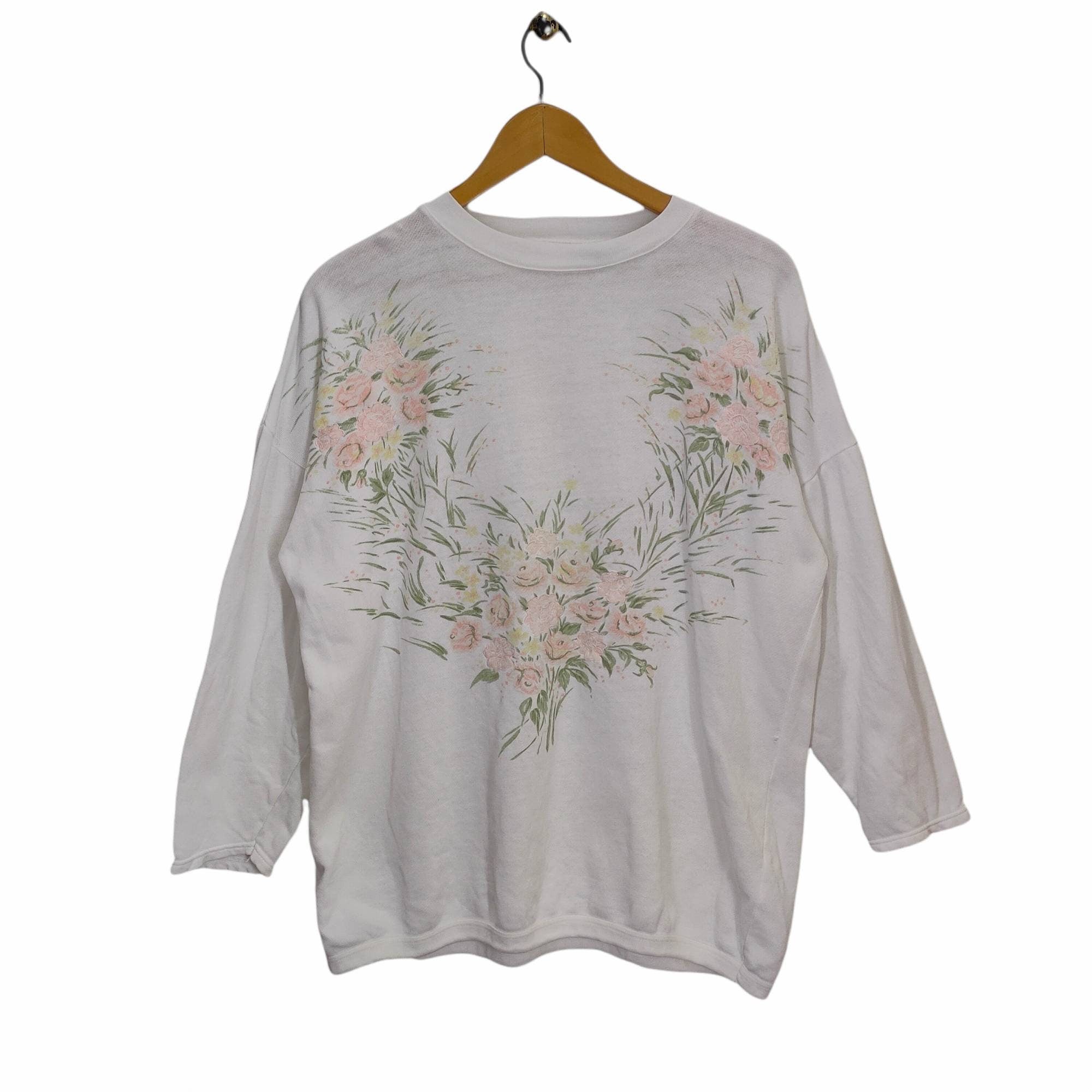 Drop Shoulder Floral Sweatshirt Suzanne Bath Sweater Vintage 90s Crewneck Embroidery Flower Quarter Sleeve Womens Size M Sweatshirt – Cozy Vibes · Must-Have Style
