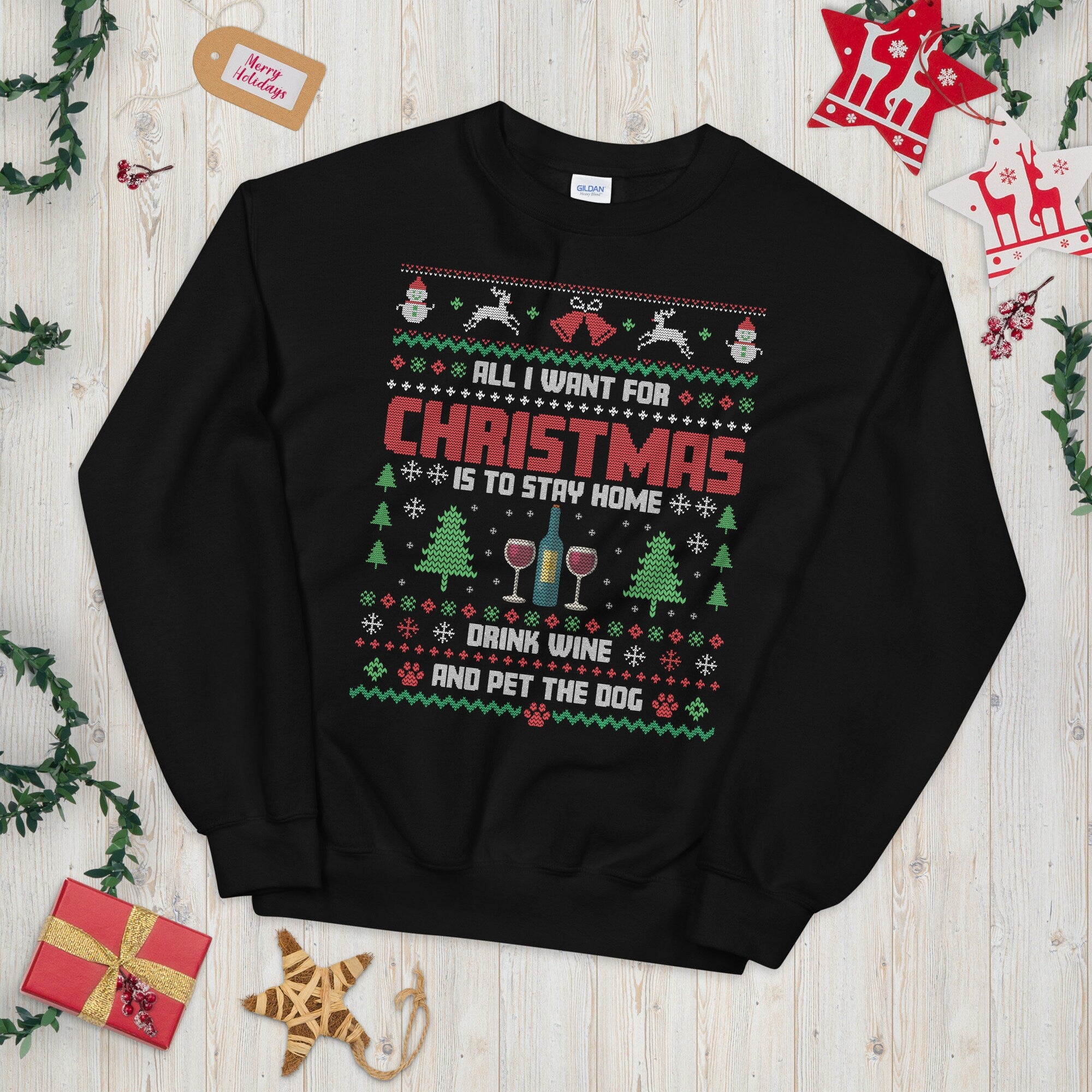 All I Want for Xmas Pet the Dog Ugly Christmas Sweater Graphic Tee – Fan Favorite · Great Gift For Fans