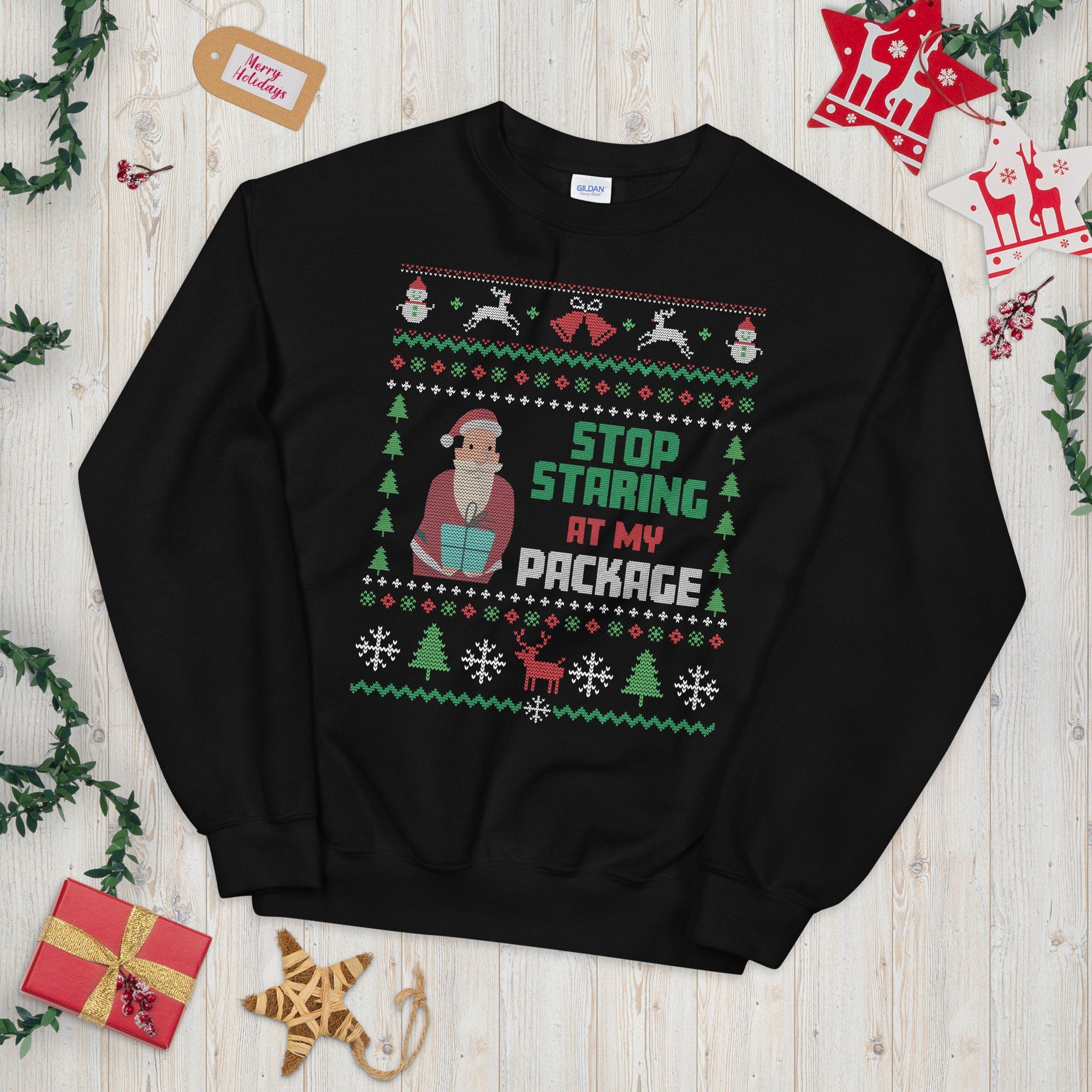 Stop Staring at my Package Ugly Christmas Sweater Graphic Tee – Cozy Vibes · Top Pick For Any Outfit