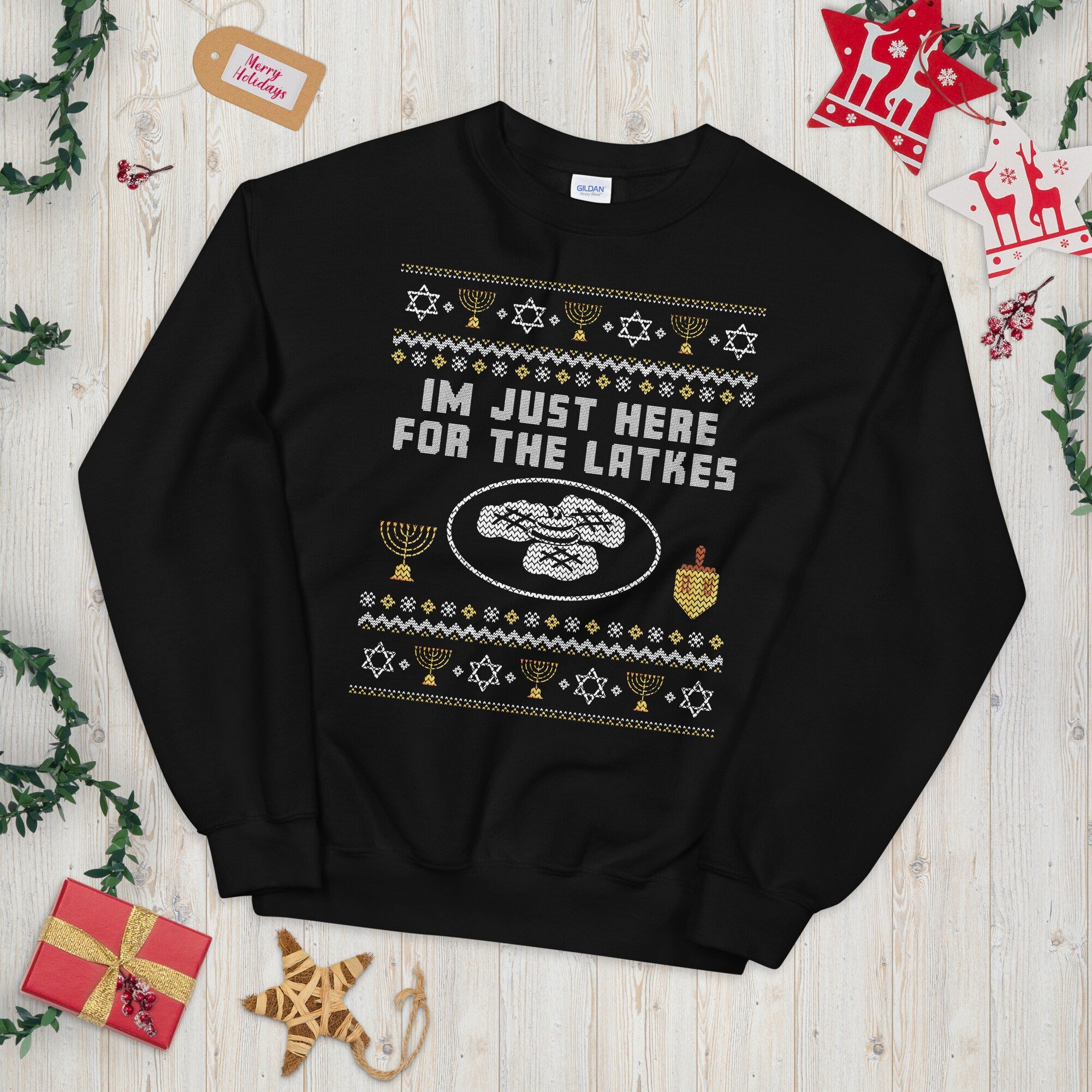 I39m Just Here for the Latkes Ugly Christmas Sweater Graphic Tee – Warm & Stylish · Great Gift For Fans