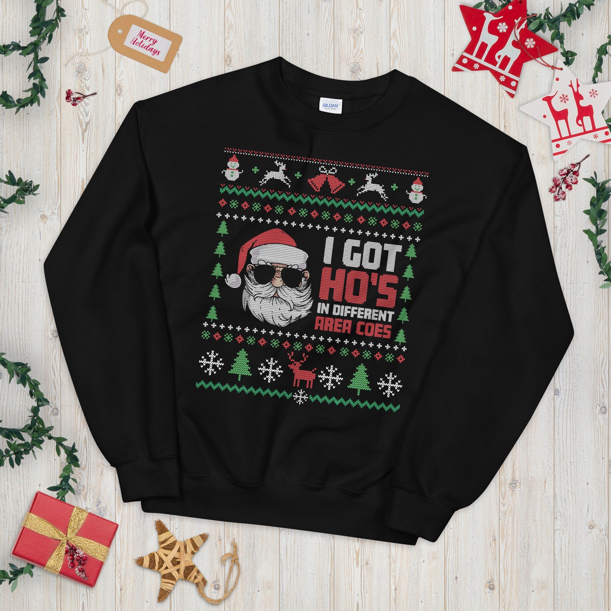 Funny Santa Ho39s in Different Area Codes Ugly Christmas Sweater Graphic Tee – Bold Style · Great Gift For Fans