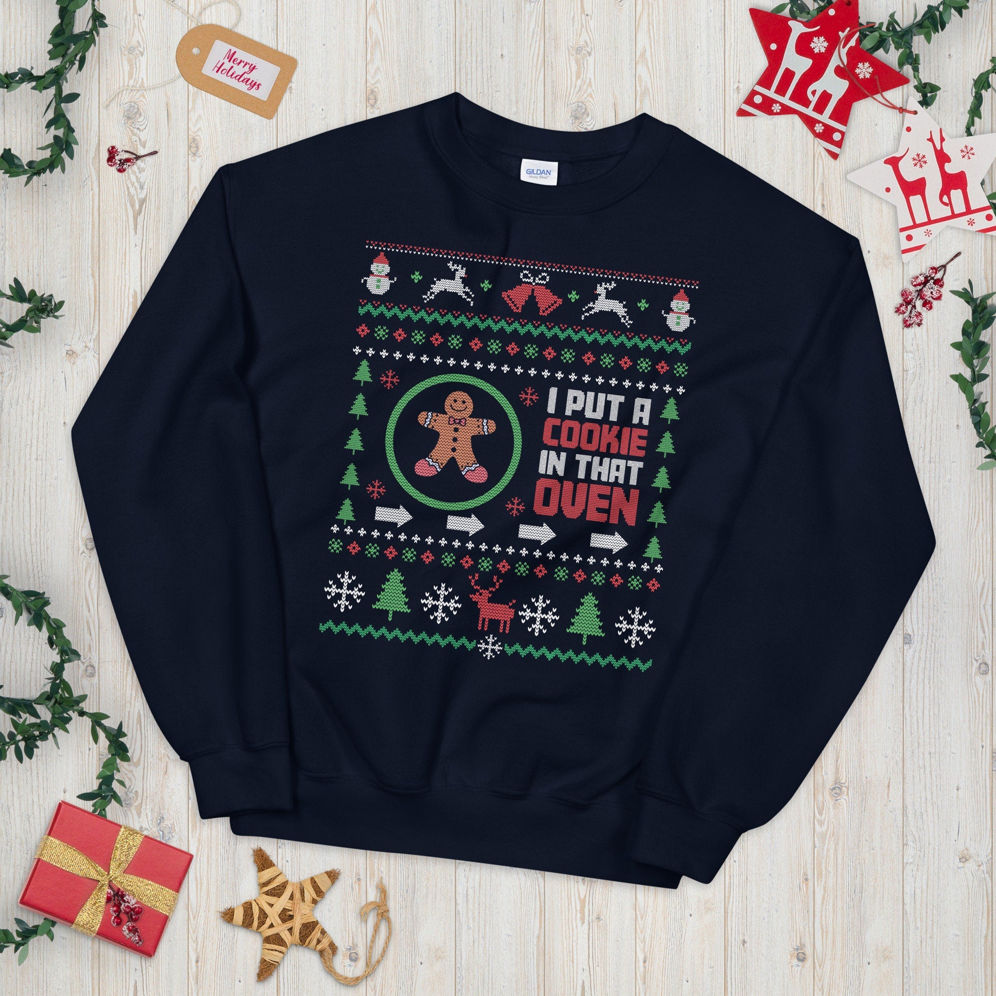 I Put a Cookie in that Oven Ugly Xmas Sweater Father To Be Gift Graphic Tee – Cozy Vibes · High-Quality Print
