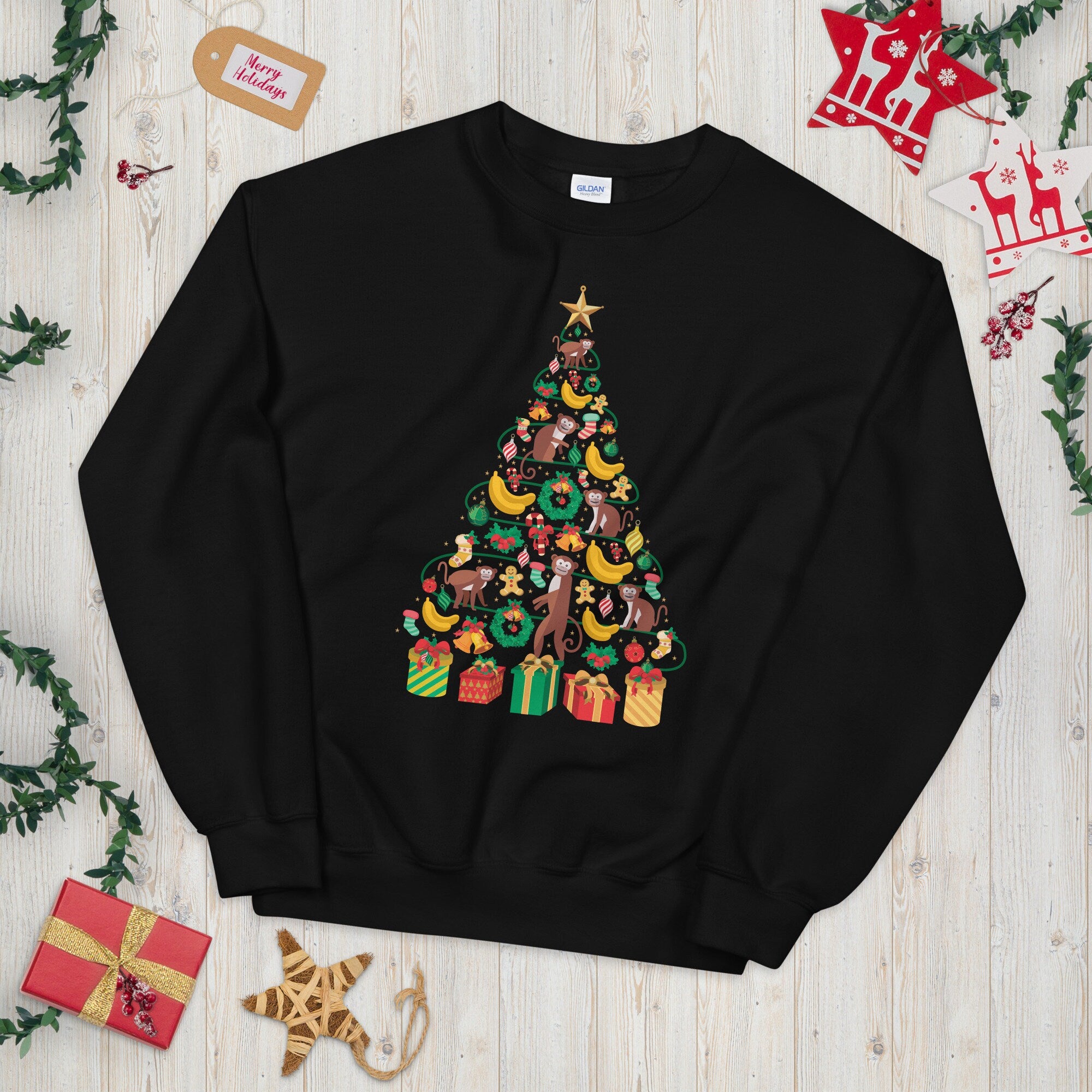 Festive Monkey Banana Christmas Tree Ape Sweater Graphic Tee – Premium Graphic · Great Gift For Fans