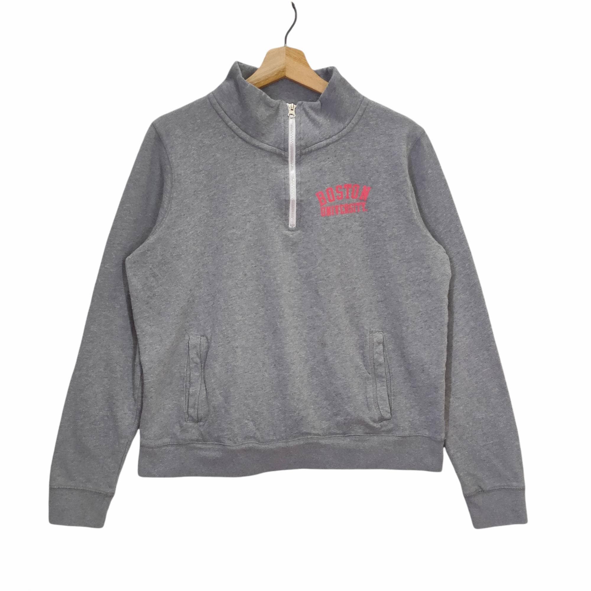 90s Boston University Sweater Quarter Zip Medium Vintage College Sweatshirt Jumper Pullover Gray Size M Sweatshirt – Aesthetic Look · Top Pick For Any Outfit