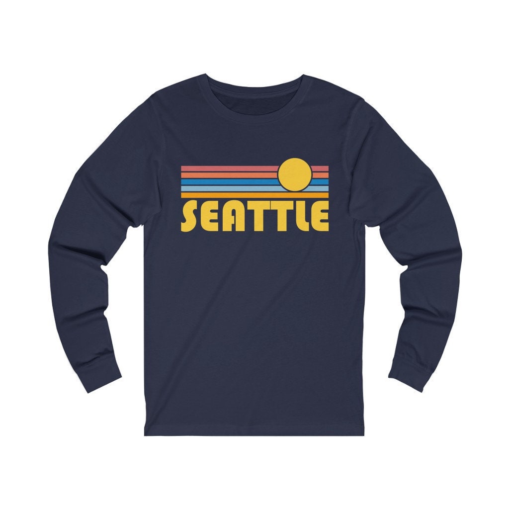 Seattle Washington Long Sleeve Shirt Unisex Retro Sun Long Sleeve Seattle T Shirt Personalization Available Graphic Tee – Warm & Stylish · Trending Graphic Apparel