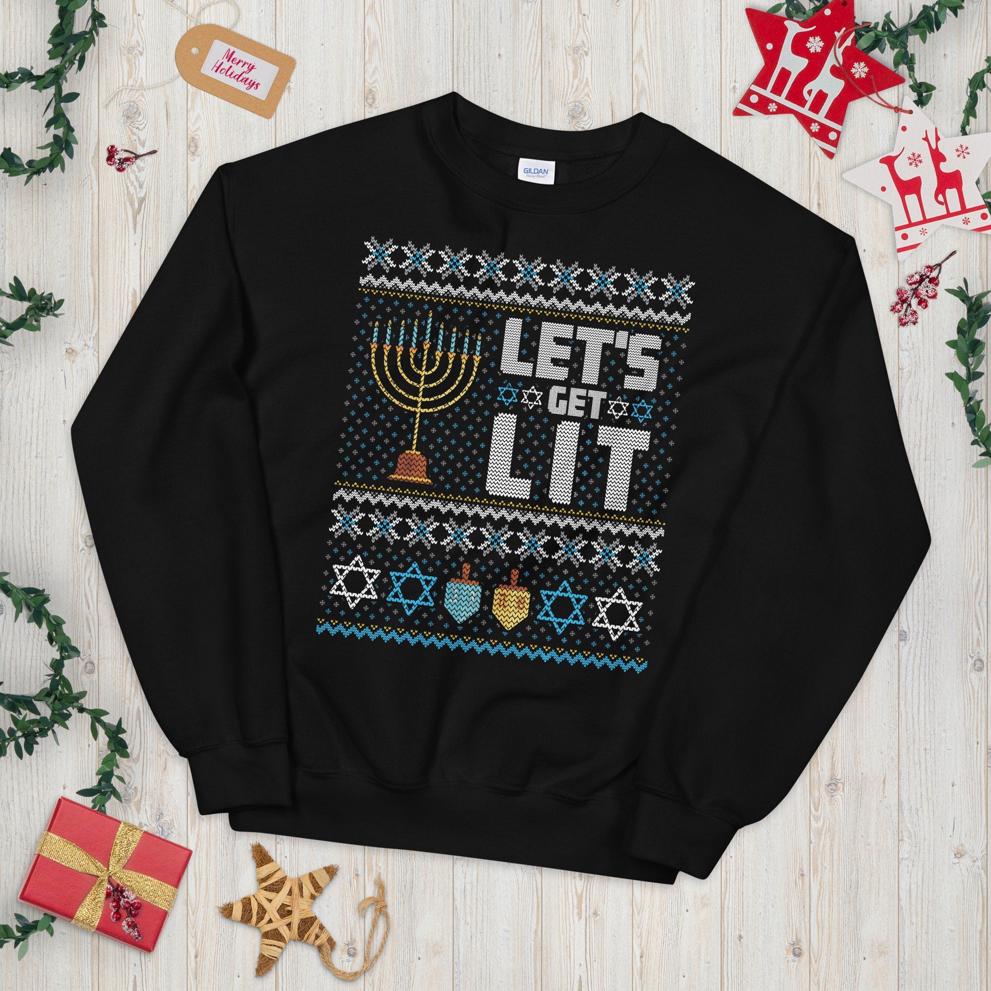 Lets Get Lit Jewish Holiday Ugly Festive Unisex Sweatshirt Sweatshirt – Fan Favorite · High-Quality Print