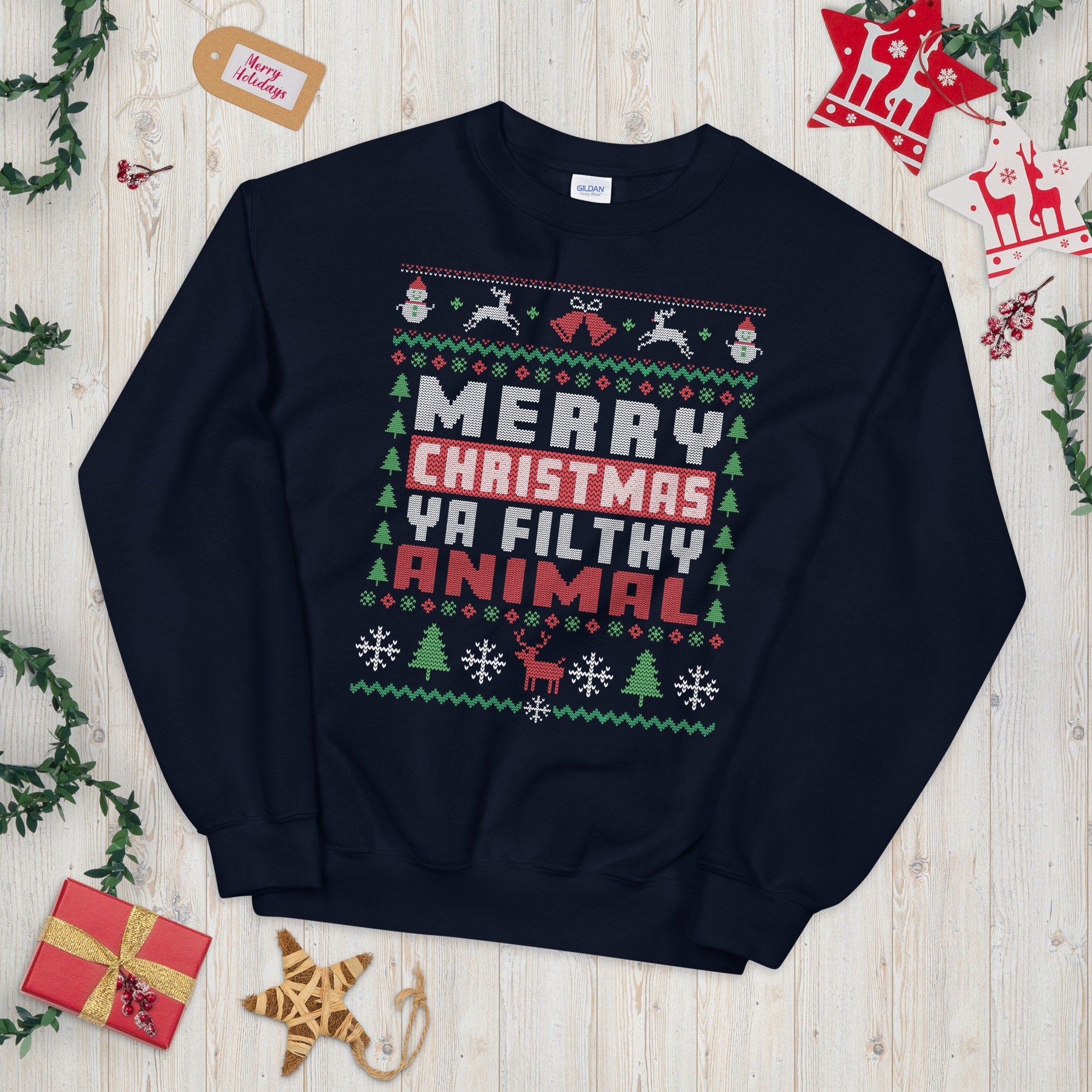 Merry Christmas Filthy Animal Ugly Christmas Sweater Graphic Tee – Warm & Stylish · High-Quality Print