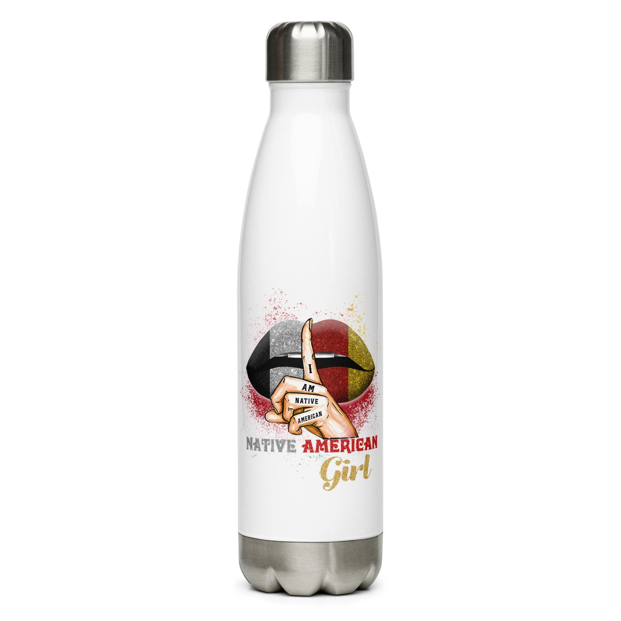 Native American Girl Lips Stainless Steel Water Bottle Graphic Tee – Aesthetic Look · Great Gift For Fans
