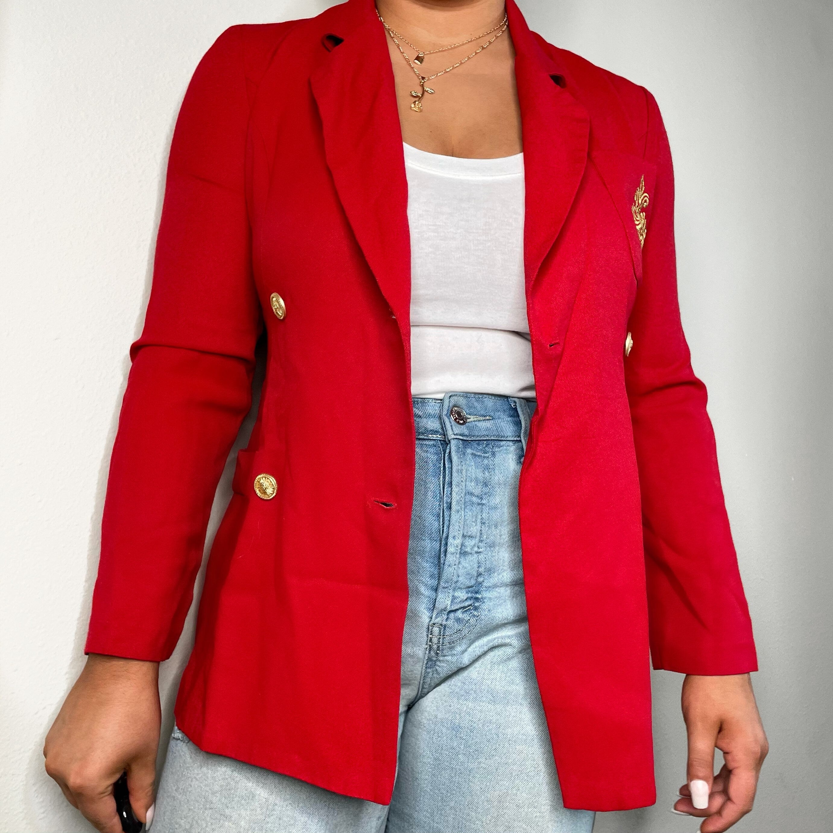 Double Breasted Red Blazer With Embroidered Pocket Gold Buttons Baroque Vintage 80s 90s Small Medium Graphic Tee – Easygoing Wear · Must-Have Style