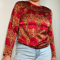 100 Silk Baroque Print Blouse Red Gold Vintage 80s 90s Small Medium Graphic Tee – Warm & Stylish · Must-Have Style