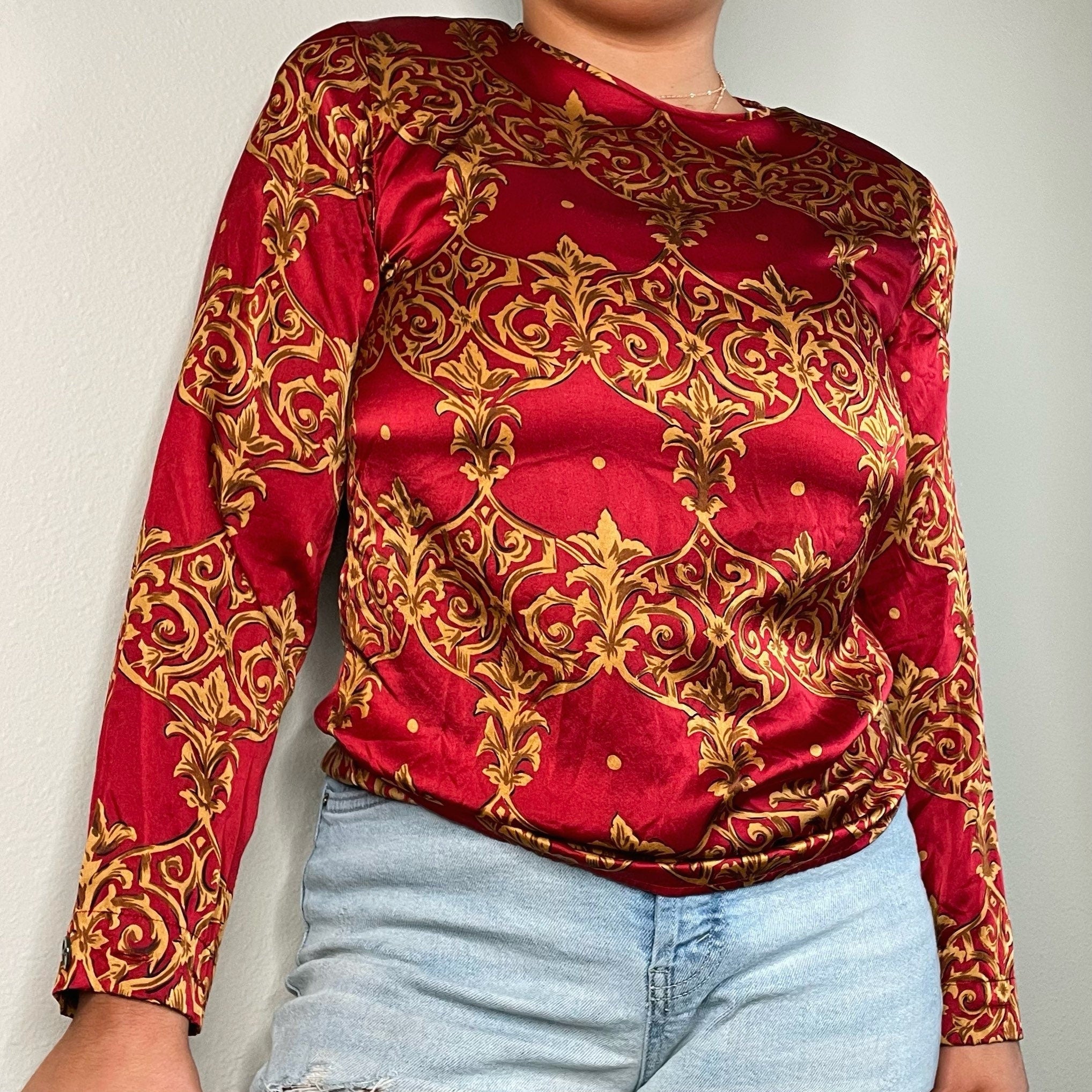 100 Silk Baroque Print Blouse Red Gold Vintage 80s 90s Small Medium Graphic Tee – Warm & Stylish · Must-Have Style