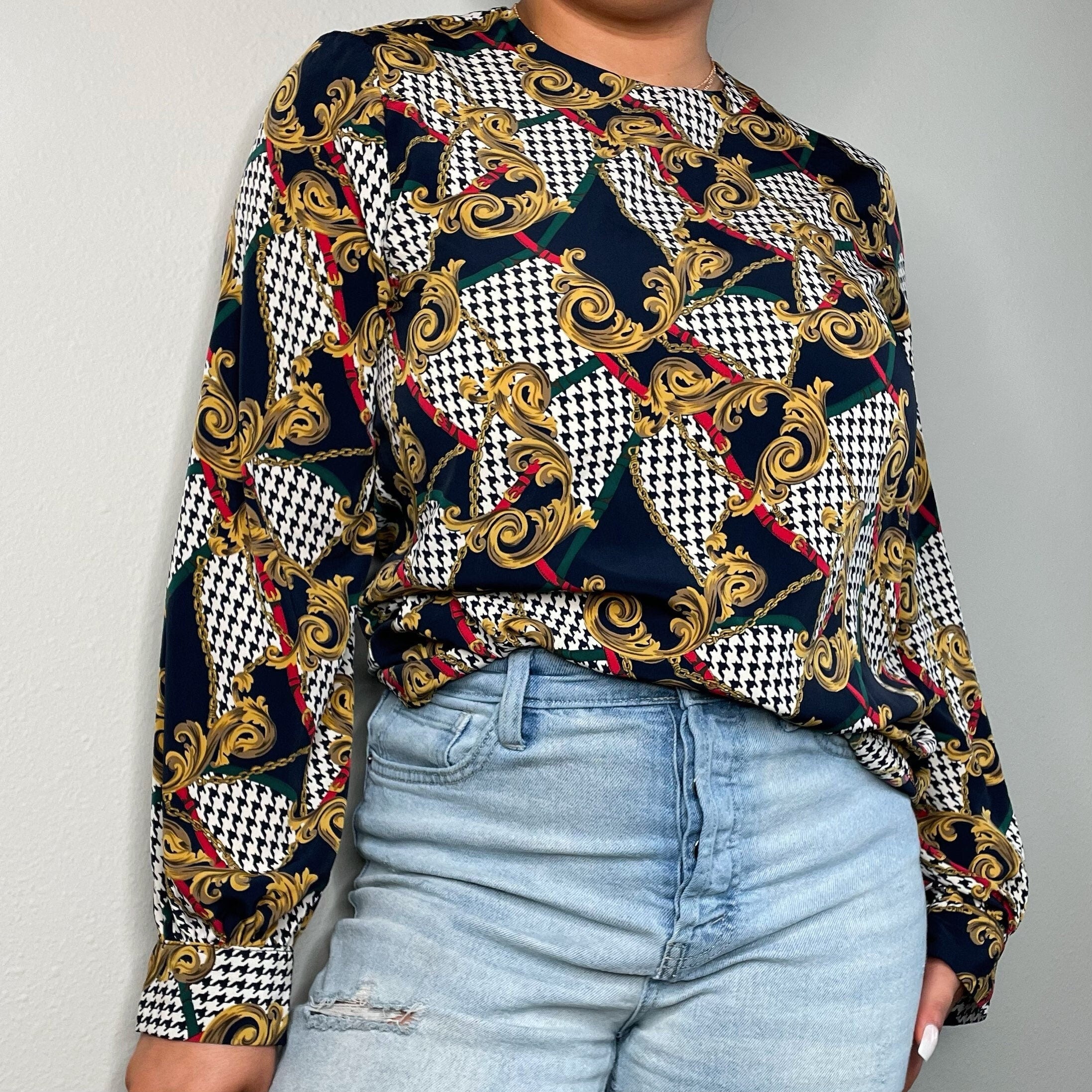 Chain Scarf Print Blouse Houndstooth Top Vintage 80s 90s Baroque Shirt Medium Large M L Graphic Tee – Warm & Stylish · Trending Graphic Apparel