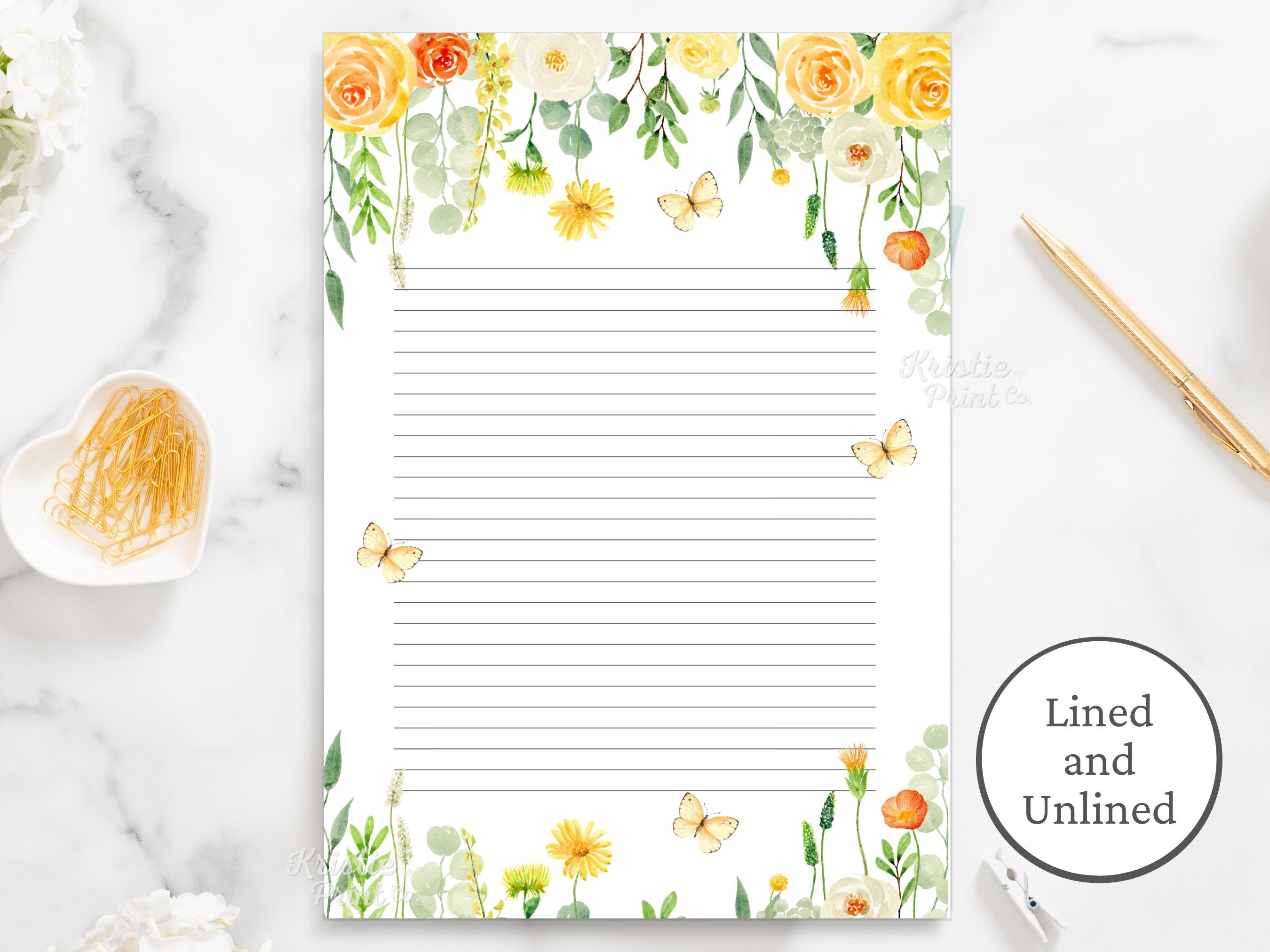 Yellow Floral Stationery Floral Printable Stationery Paper Floral Blank Paper and Lined Paper Border Stationery Watercolor Download Graphic Tee – Everyday Comfort · Trending Graphic Apparel