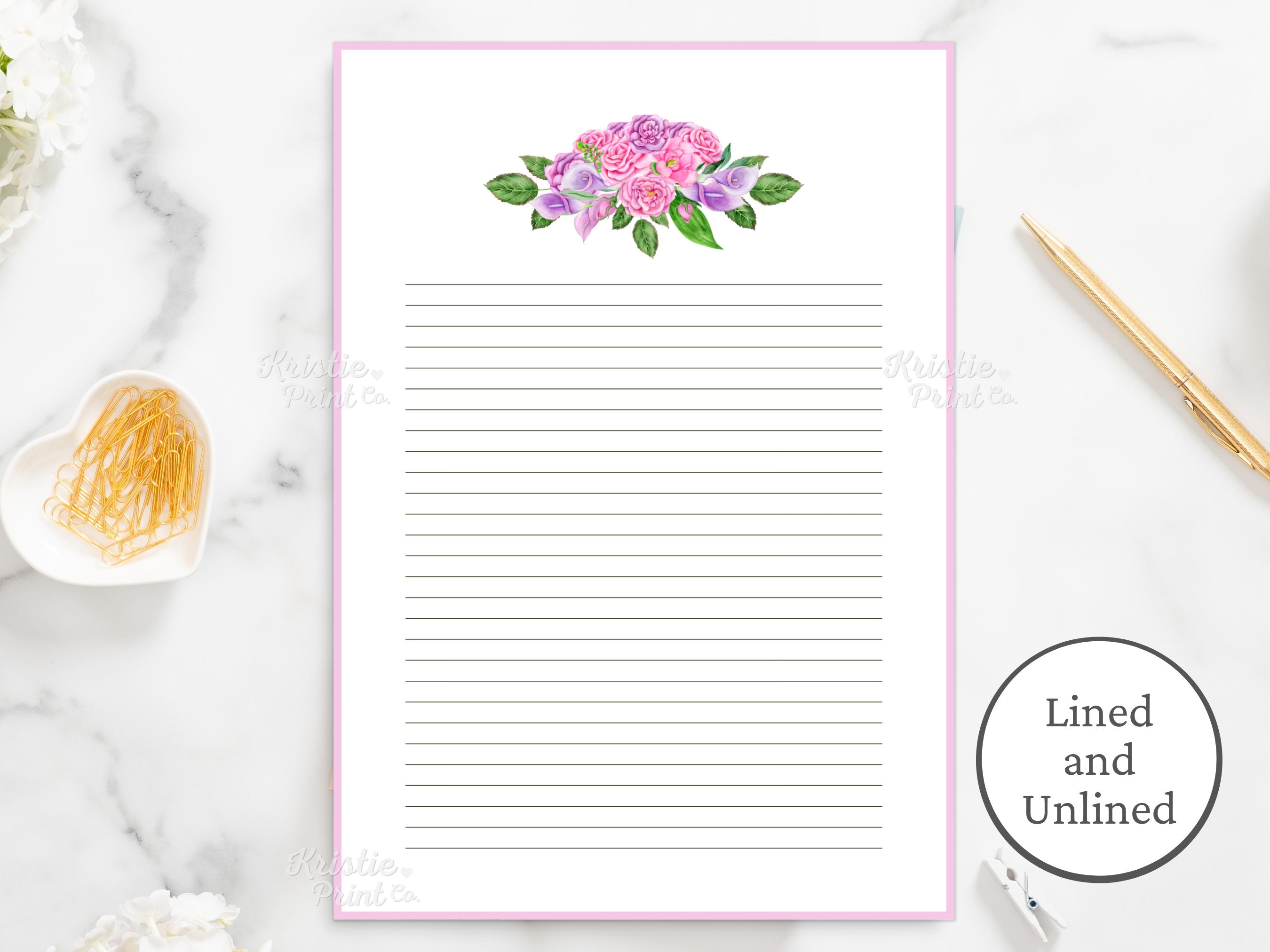 Pink Floral Stationery Purple Floral Printable Stationery Paper Floral Blank Paper and Lined Paper Journal Note Paper Watercolor Graphic Tee – Premium Graphic · Trending Graphic Apparel