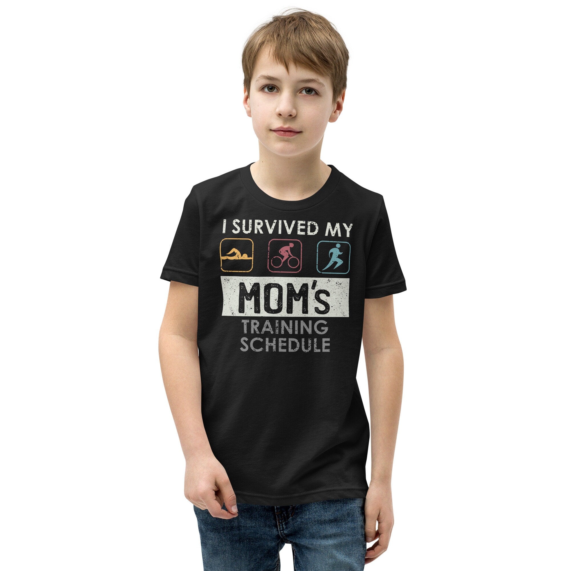 Survived my Mom39s Training Schedule Triathlete Family Youth T Shirt Graphic Tee – Warm & Stylish · Great Gift For Fans