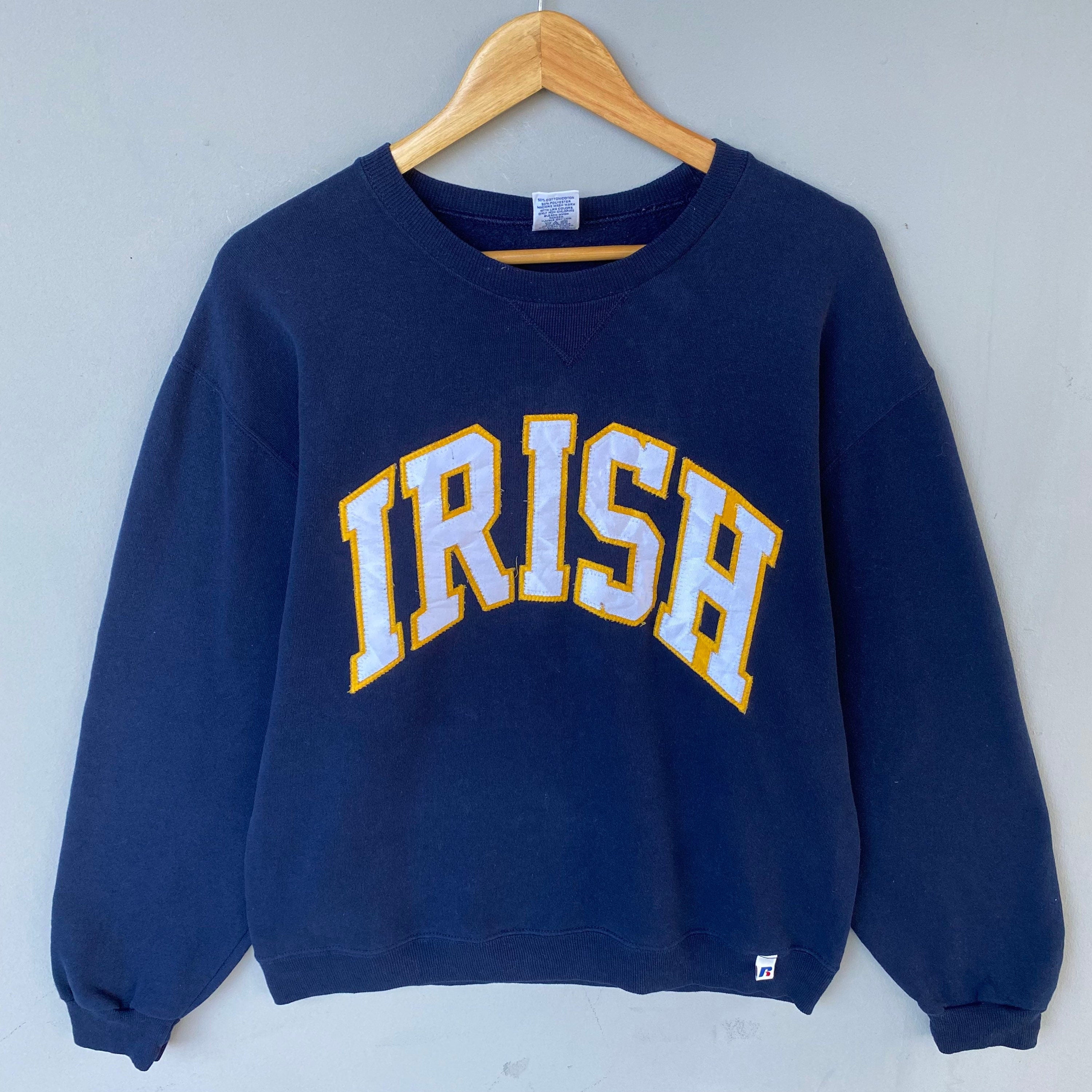 Vintage 90s Russel Tag Irish Spellout Big Logo Embroided Sweatshirt Crewneck Sweater Pullover Russel Irish Colour NavyBlue Size Medium Sweatshirt – Premium Graphic · Trending Graphic Apparel