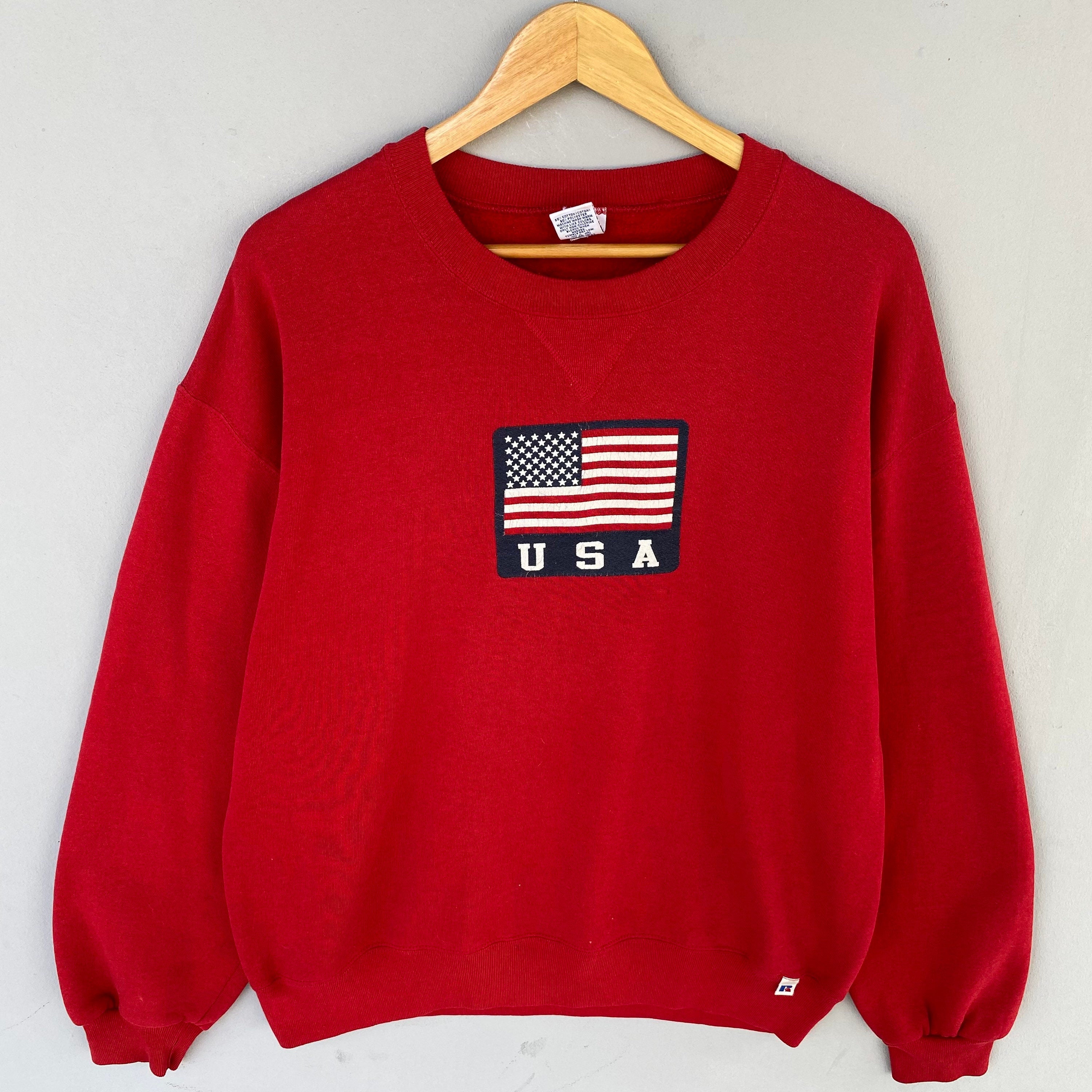 Vintage Y2K Russel Tag American Flag Big Logo Printed Sweatshirt Crewneck Pullover Sweater Russel America Colour Red Size Large Sweatshirt – Aesthetic Look · Trending Graphic Apparel