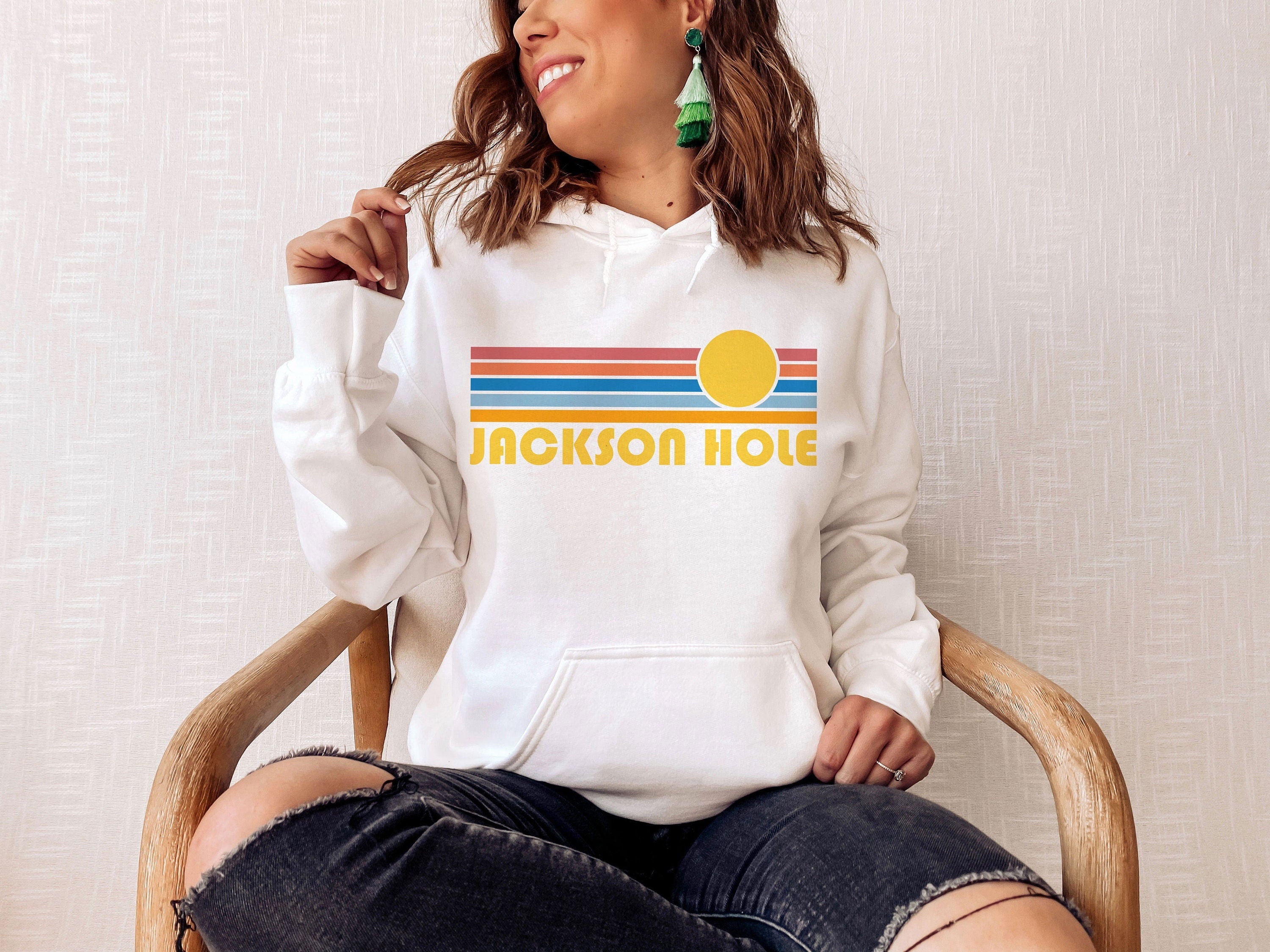 Jackson Hole Wyoming Hoodie Retro Sunrise Unisex Jackson Hole Sweatshirt Personalization Available Hoodie – Aesthetic Look · High-Quality Print