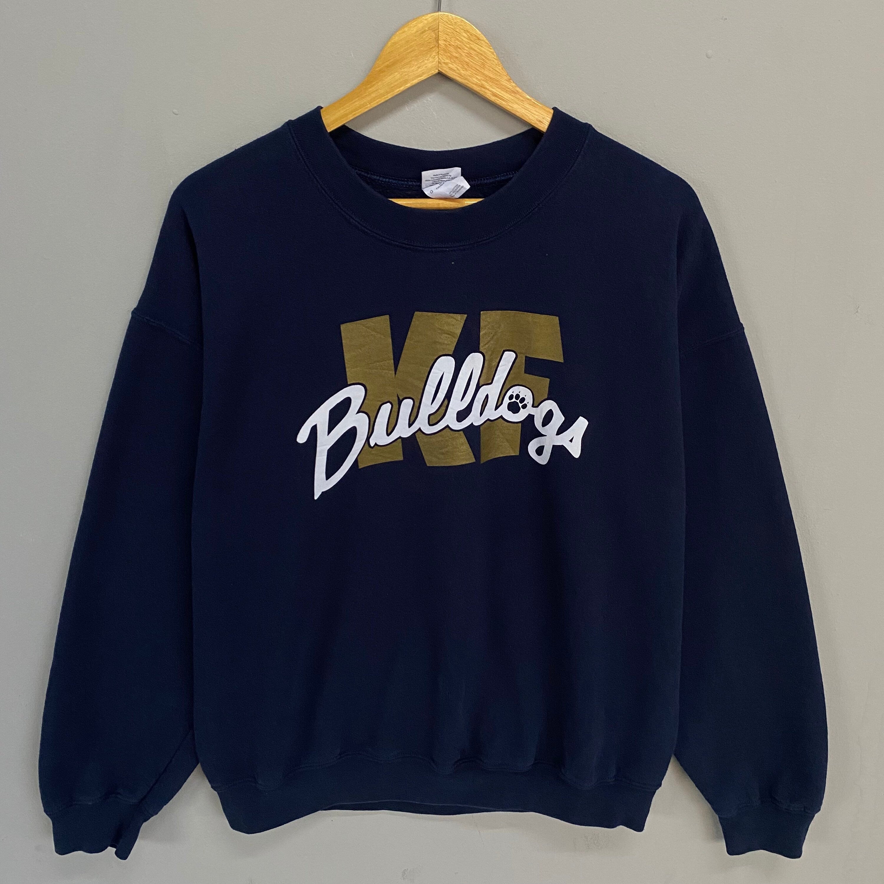 Vintage Gildan Tag KF Bulldogs Spellout Big Logo Printed Sweatshirt Crewneck Jumper Sweater Football Size Large Colour Navy Blue Sweatshirt – Soft Feel · Must-Have Style