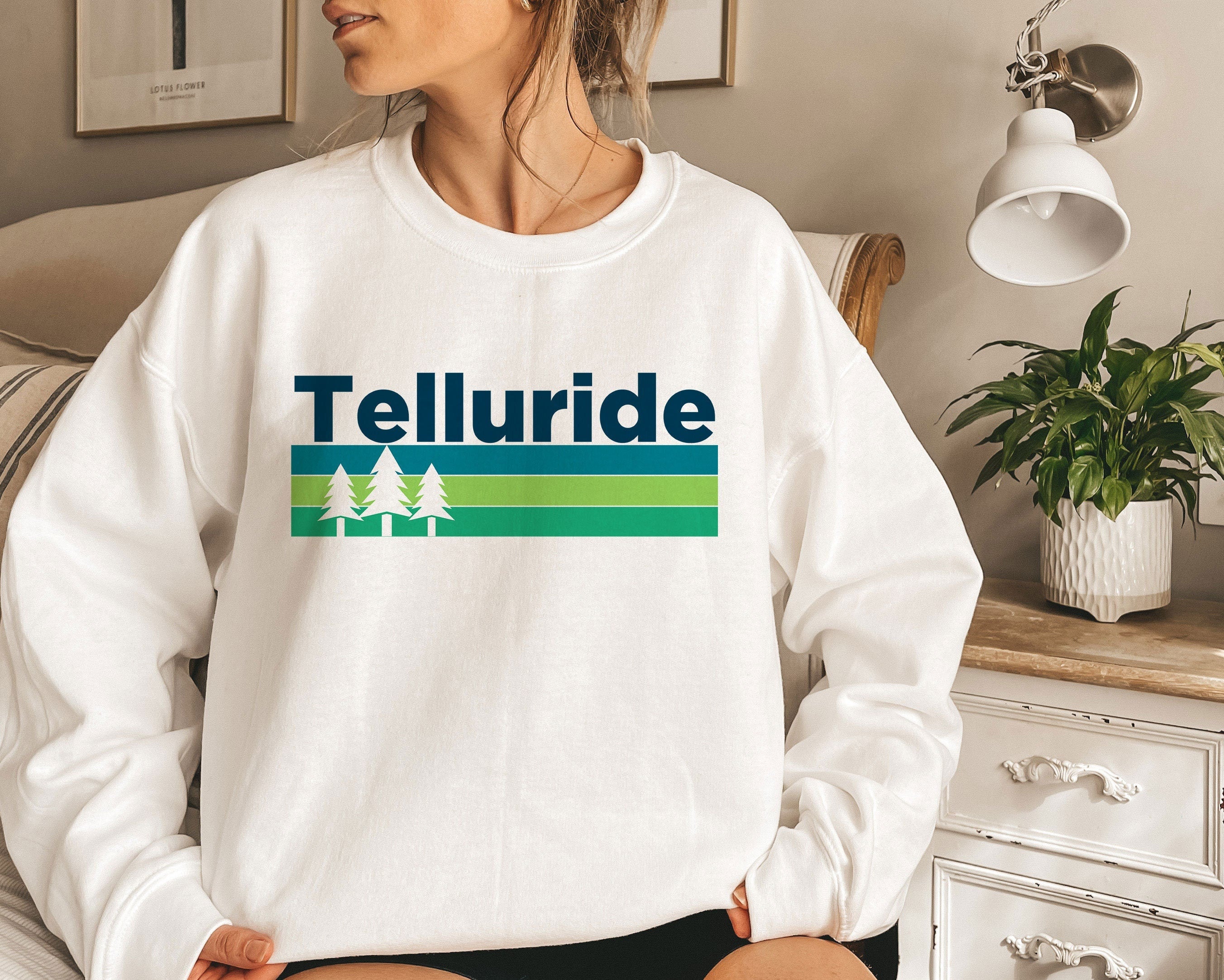 Telluride Colorado Sweatshirt Retro Trees Adult Unisex Crewneck Telluride Sweatshirt Personalization Available Sweatshirt – Feel-Good Design · High-Quality Print