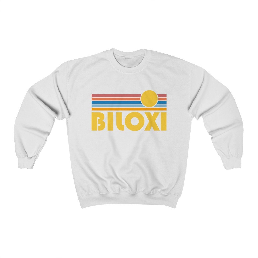 Biloxi Mississippi Crewneck Sweatshirt Retro Sunrise Unisex Biloxi Sweatshirt Personalization Available Sweatshirt – Everyday Comfort · Trending Graphic Apparel