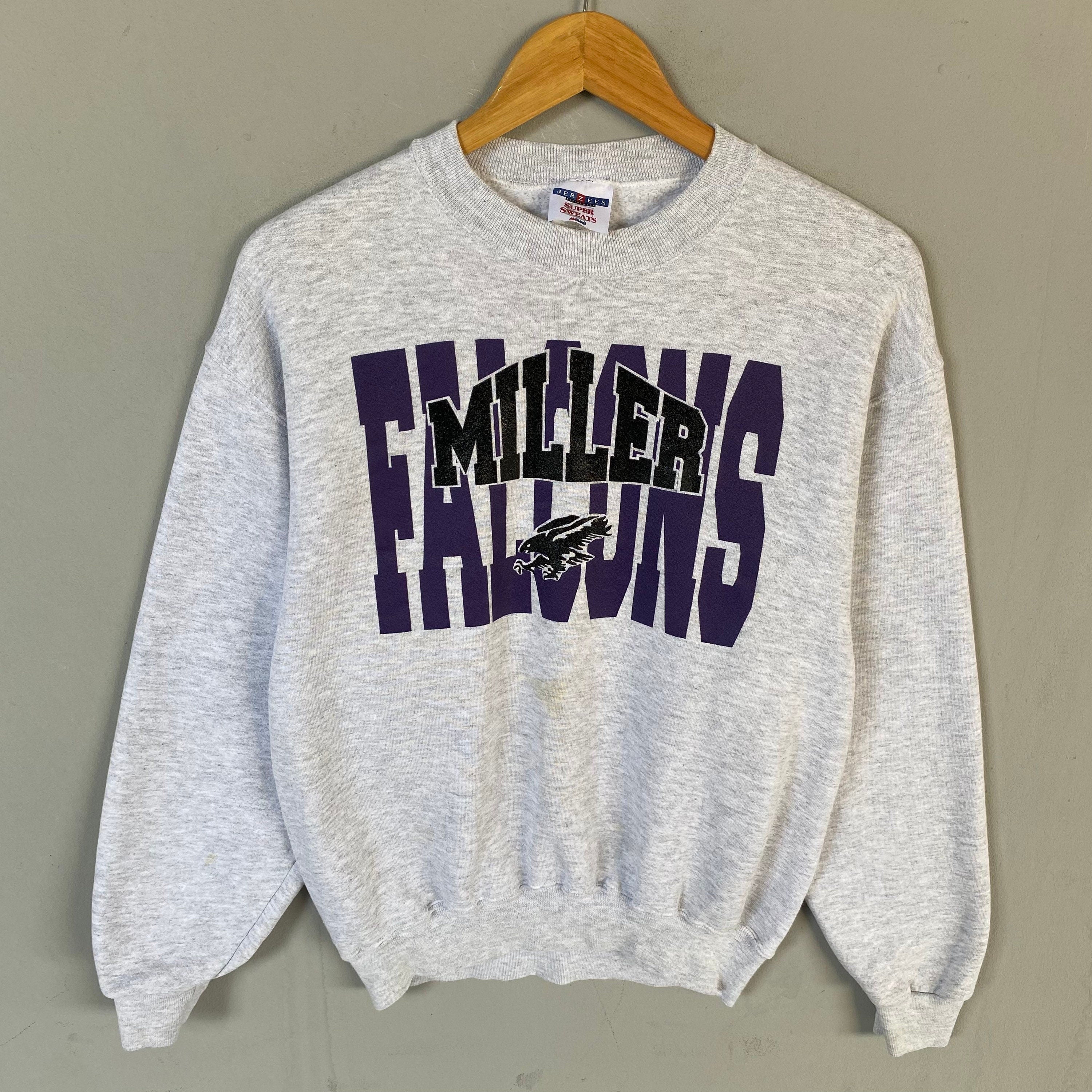 Vintage Jerzees Tag Miller Falcons Spellout Big Logo Printed Sweatshirt Crewneck Jumper Pullover Sweater Football Colour Grey Size Medium Sweatshirt – Soft Feel · High-Quality Print