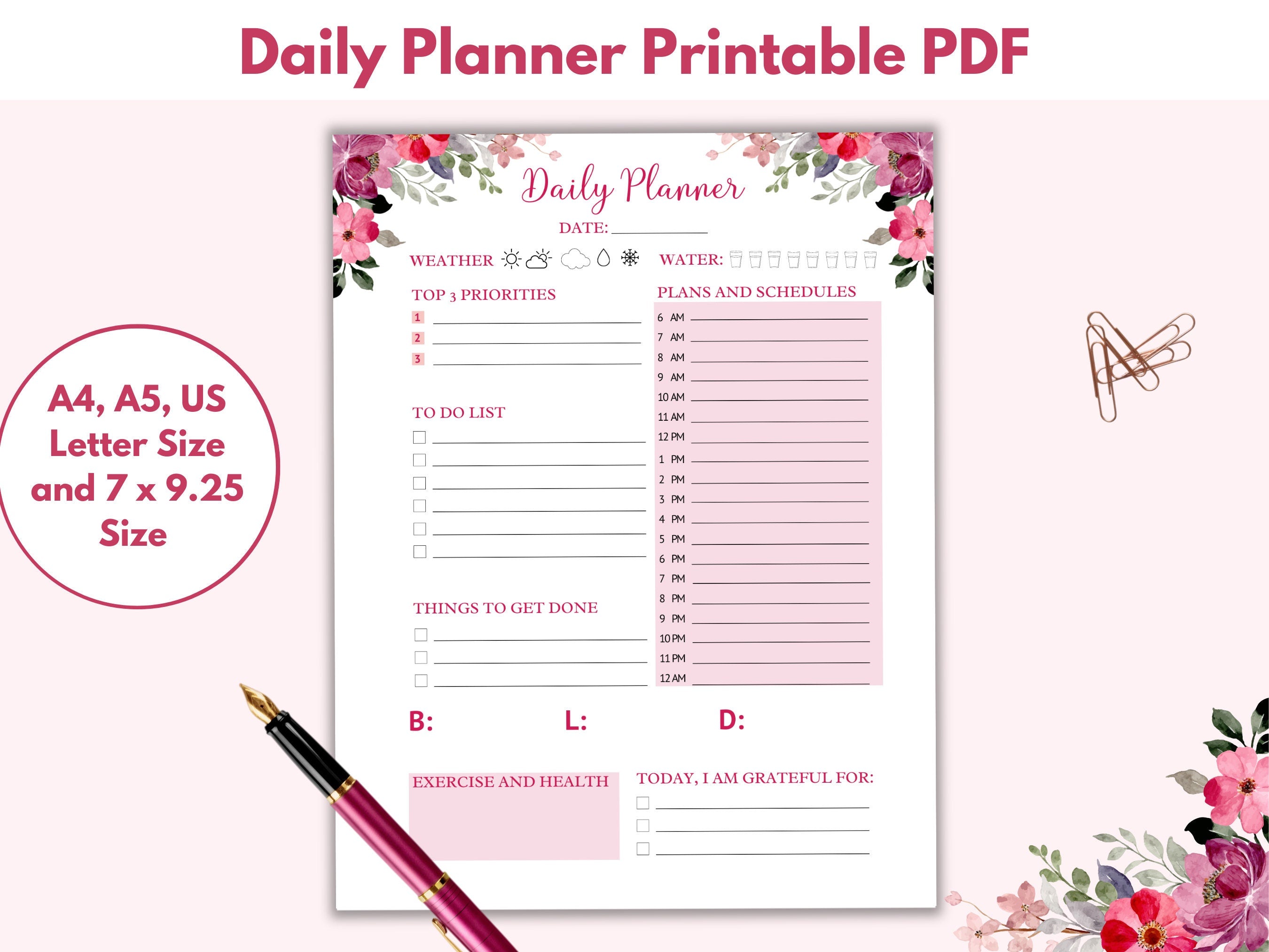Planner Printable Hourly Floral Planner Printable Beautiful Planner Daily Planner Template A4 A5 US Letter 7 x 925 Botanical Graphic Tee – Fan Favorite · High-Quality Print