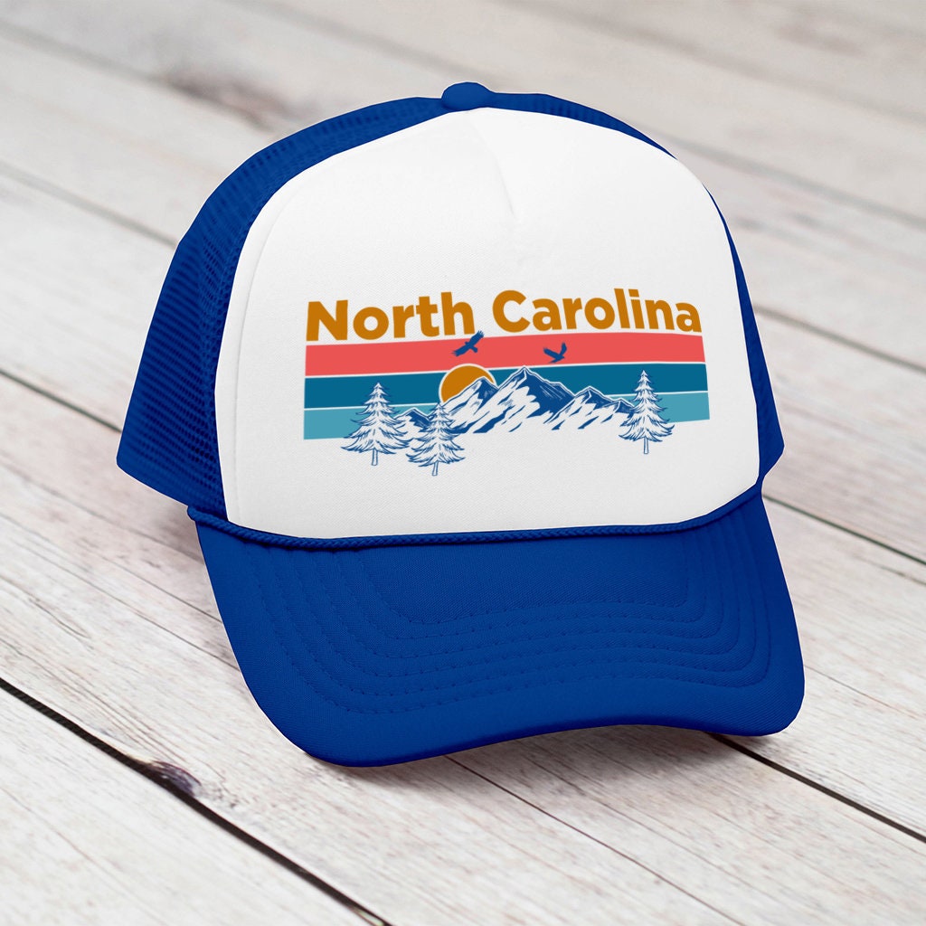 North Carolina Hat Retro Mountain Birds Foam North Carolina Trucker Cap Personalization Available Graphic Tee – Easygoing Wear · High-Quality Print