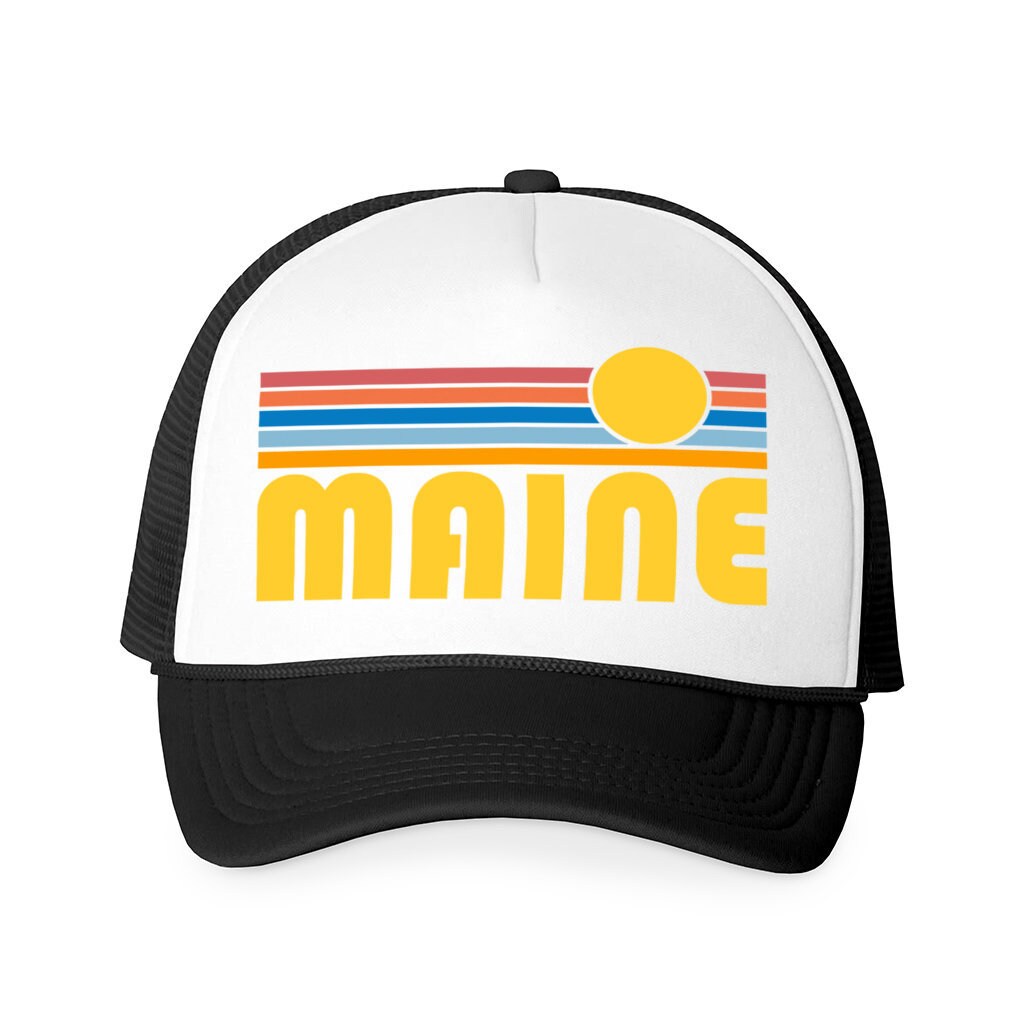 Maine Hat Retro Sunrise Foam Maine Trucker Cap Personalization Available Graphic Tee – Feel-Good Design · Great Gift For Fans