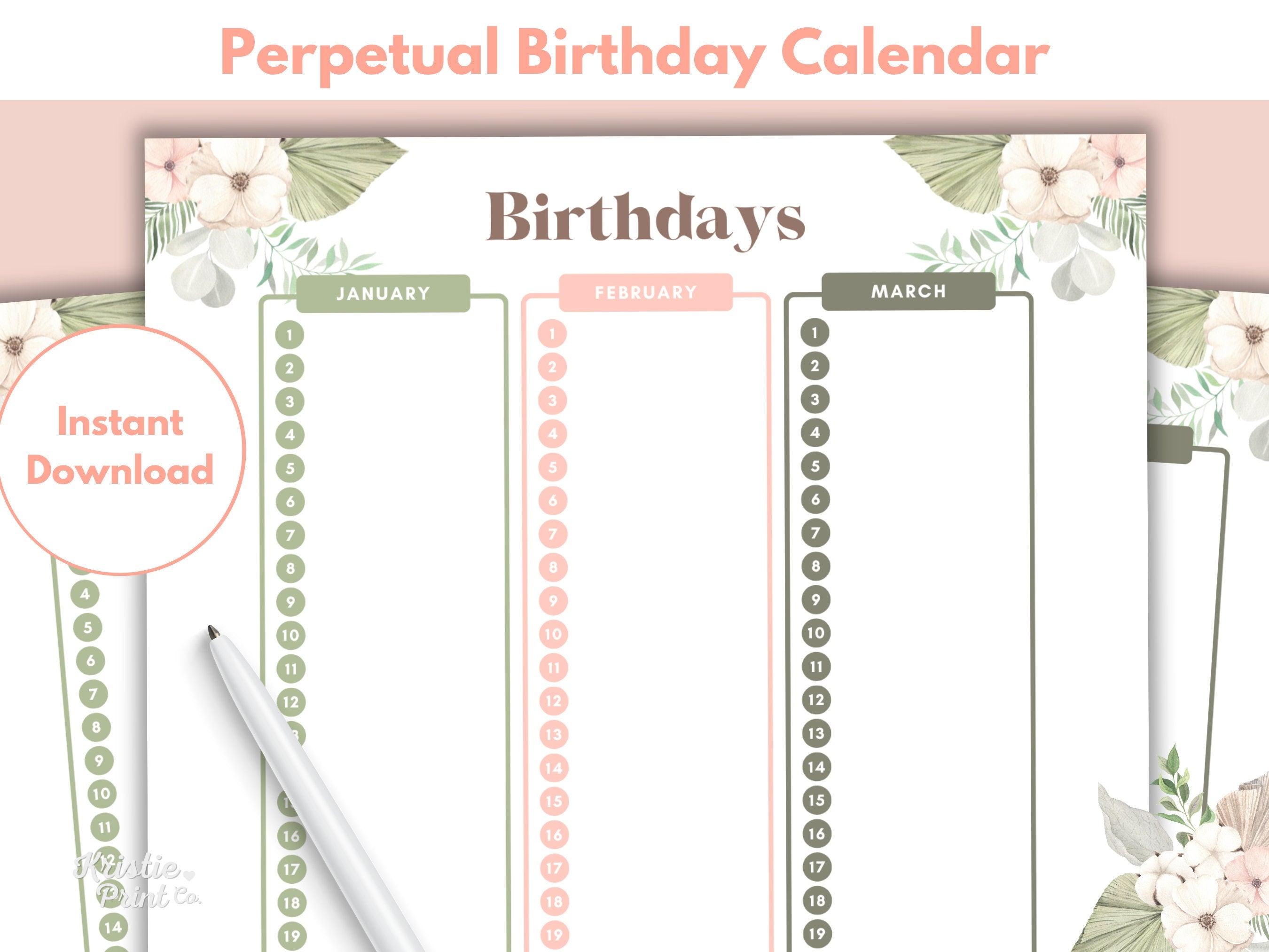 Birthday Tracker Printable Birthday List Birthday Planner Printable Boho Organizer Organizing Printables Birthday Log Perpetual Graphic Tee – Easygoing Wear · Great Gift For Fans