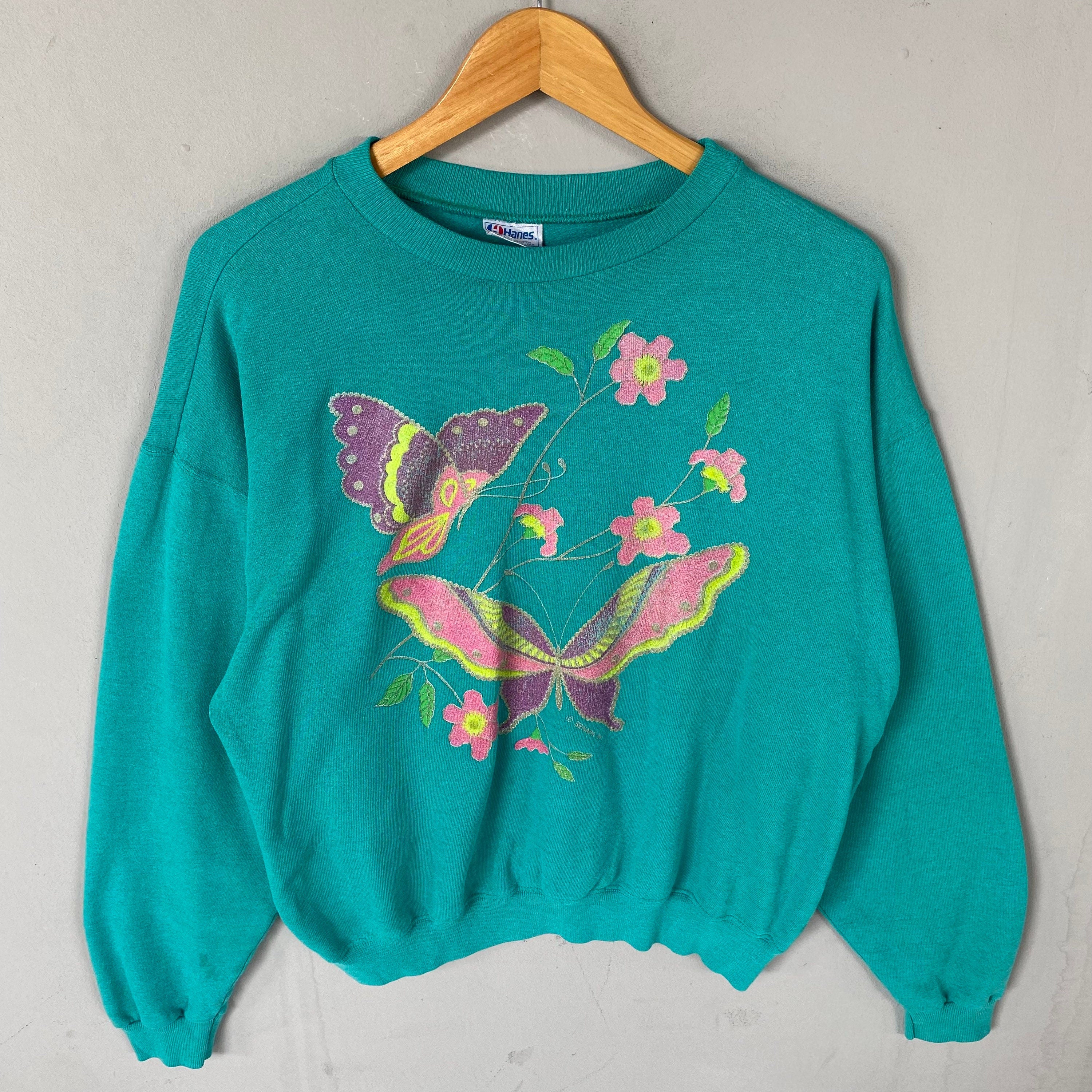 Vintage Hanes Tag Butterfly Big Logo Printed Glitter Sweatshirt Crewneck Pullover Sweater Butterfly Colour Green Size X Large Sweatshirt – Soft Feel · Trending Graphic Apparel