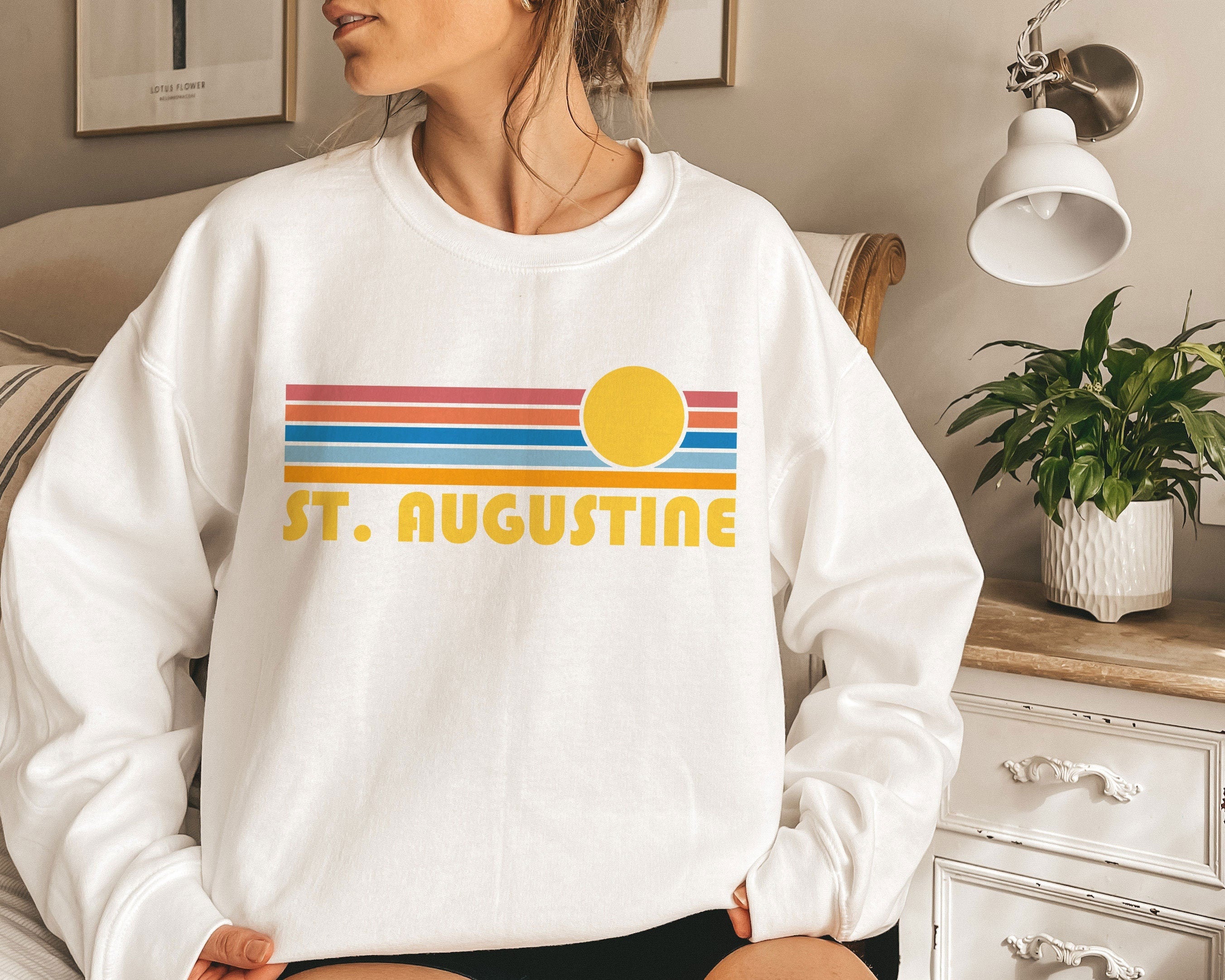 St Augustine Florida Sweatshirt Retro Sunrise Unisex St Augustine Sweatshirt Personalization Available Sweatshirt – Soft Feel · Trending Graphic Apparel