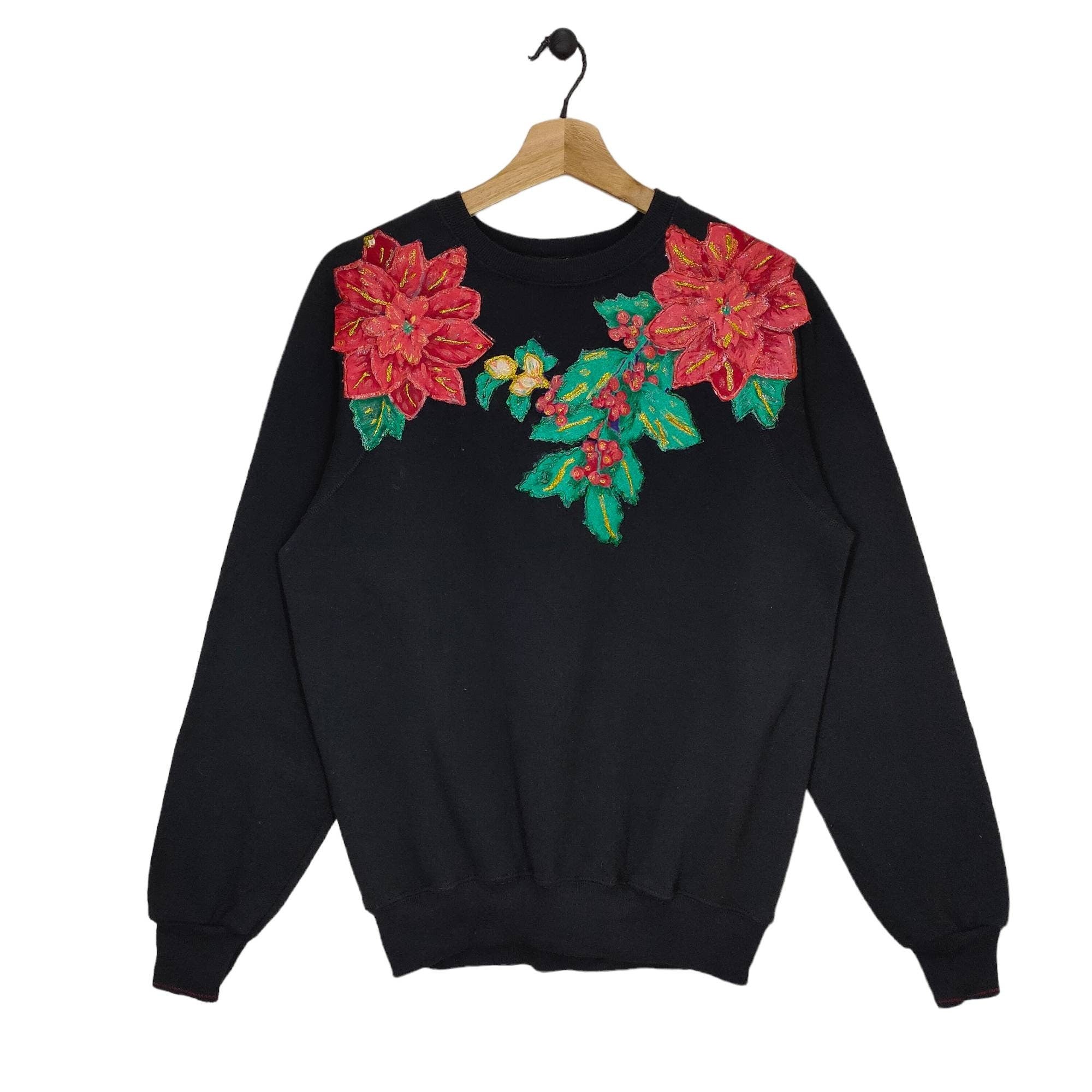 90s Poinsettia Raglan Sweatshirt Medium Vintage 90s Sweat and Surf Floral Sweater Jumper Pullover Made In USA Black Size M Sweatshirt – Soft Feel · Must-Have Style