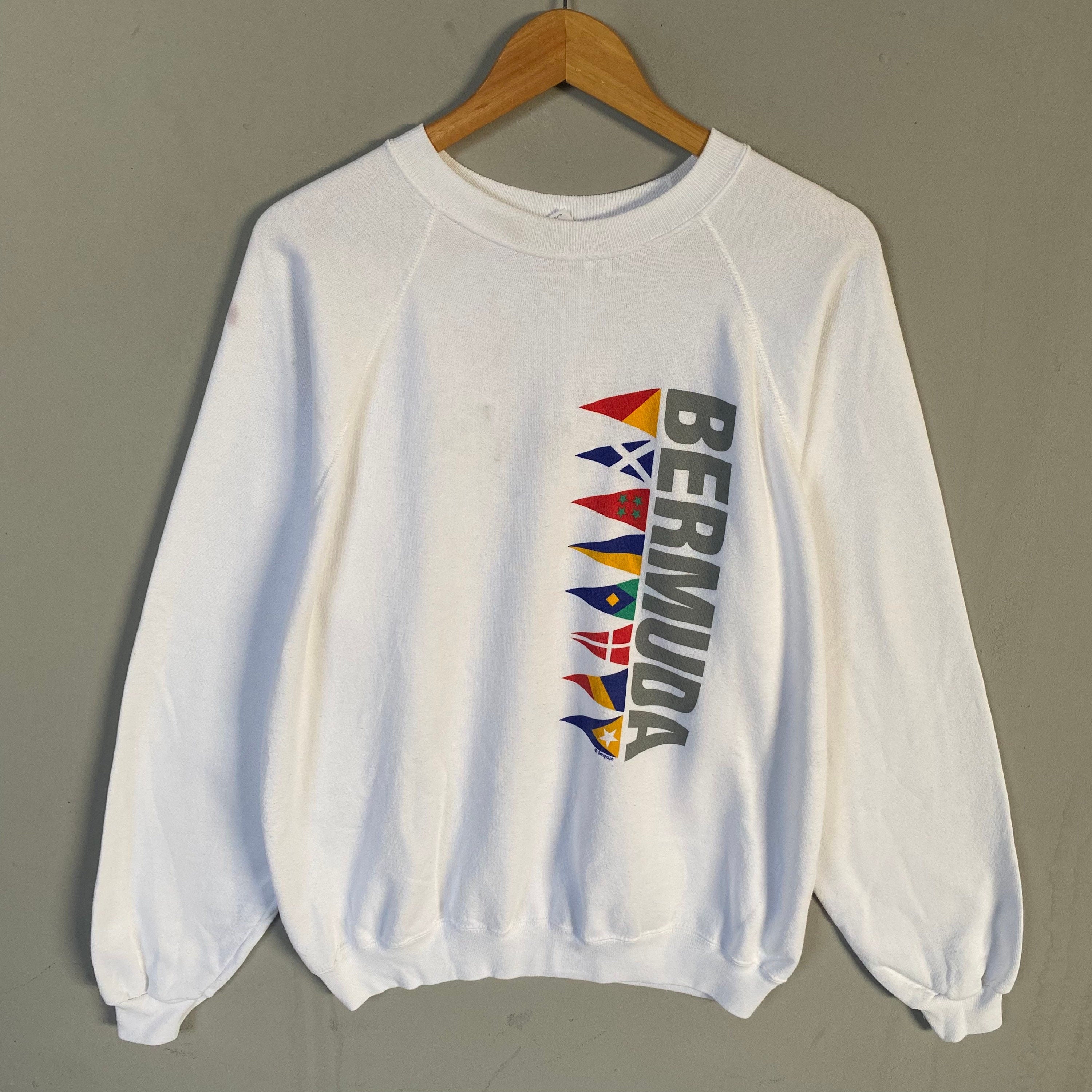 Vintage Hanes Tag Bermuda Spellout Big Logo Printed Sweatshirt Crewneck Pullover Sweater Bermuda Sailing Code Colour White Size 2X Large Sweatshirt – Premium Graphic · Trending Graphic Apparel