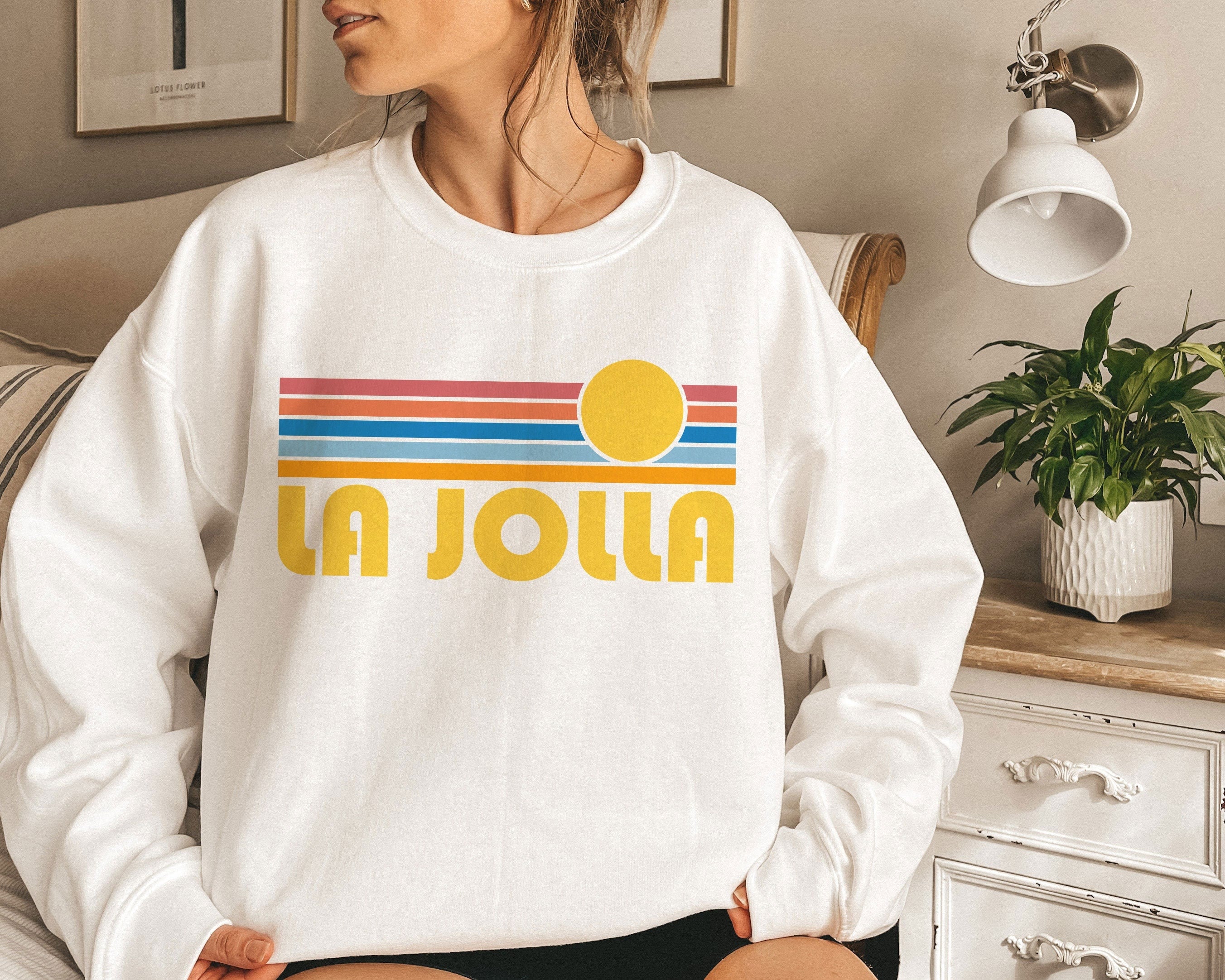 La Jolla California Crewneck Sweatshirt Retro Sunrise Unisex La Jolla Sweatshirt Personalization Available Sweatshirt – Soft Feel · High-Quality Print