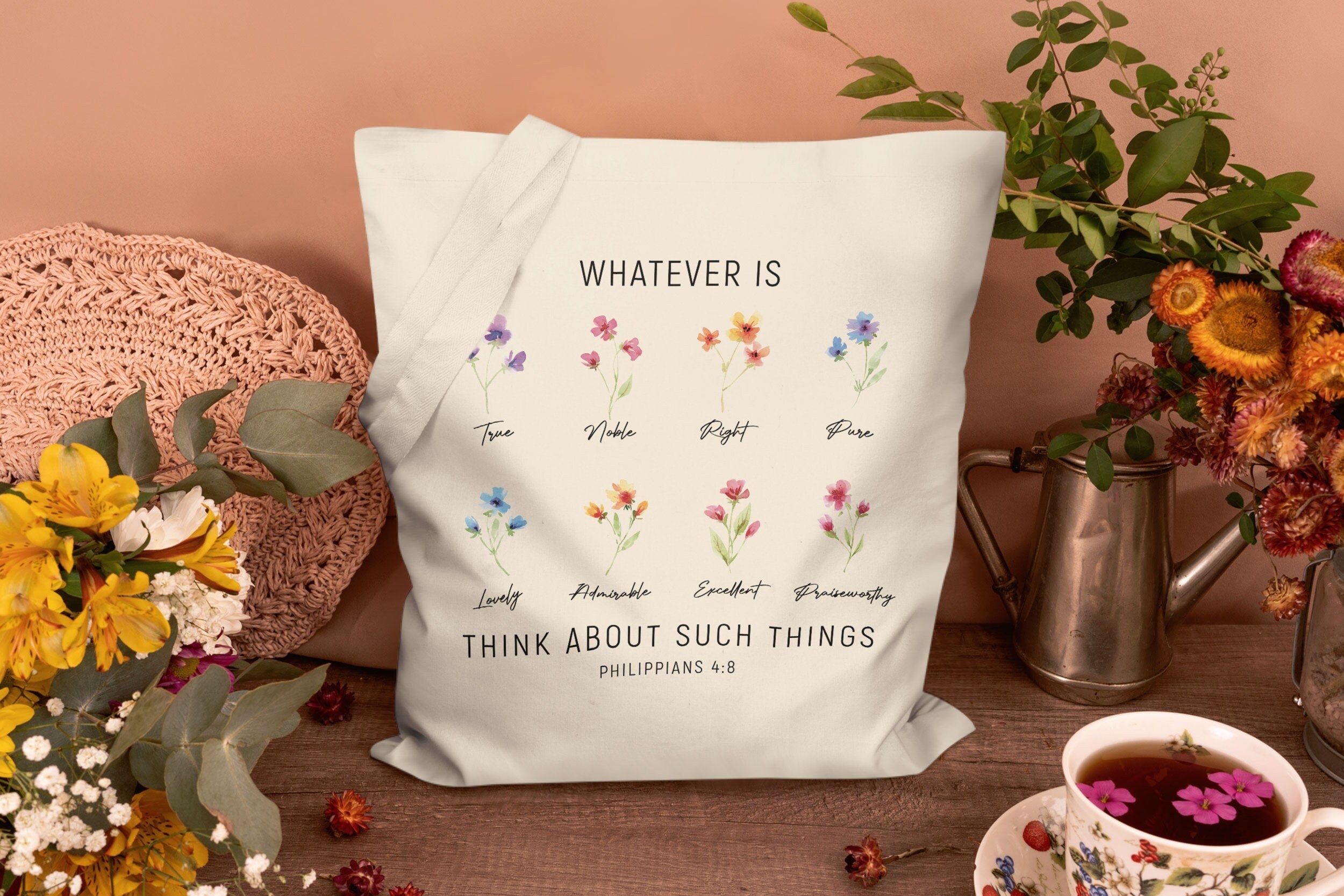 Whatever Is Think About Such Things Tote Bag Wildflower Tote BagBeliever Tote BagChristian Tote BagReligious BagBible Verse Tote Bag Tote Bag – Fan Favorite · Perfect For Daily Wear