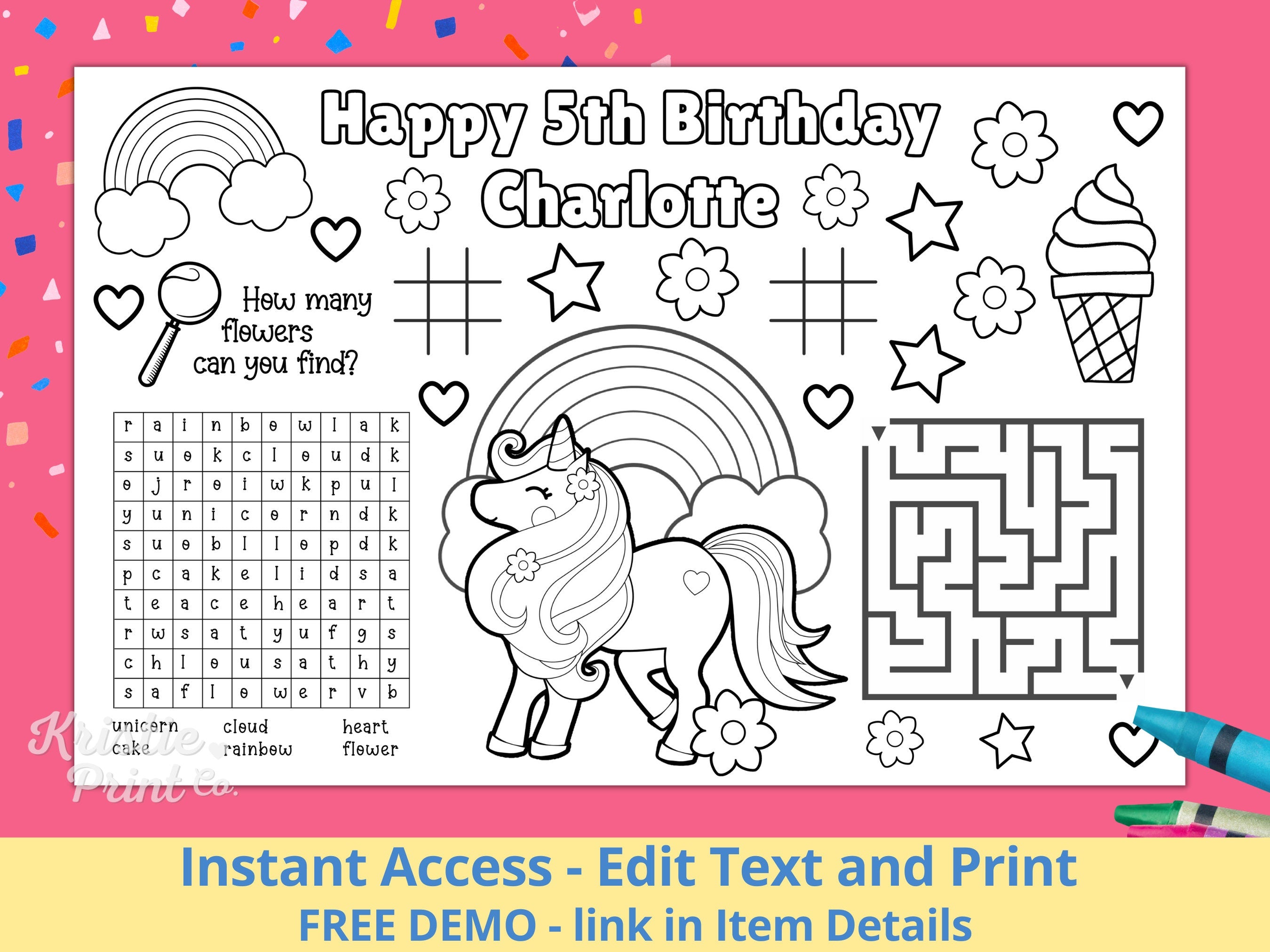 Editable Birthday Party Coloring Placemat Unicorn Birthday Unicorn Placemat Coloring Mats Unicorn Coloring Page Happy Birthday Coloring Graphic Tee – Aesthetic Look · Trending Graphic Apparel