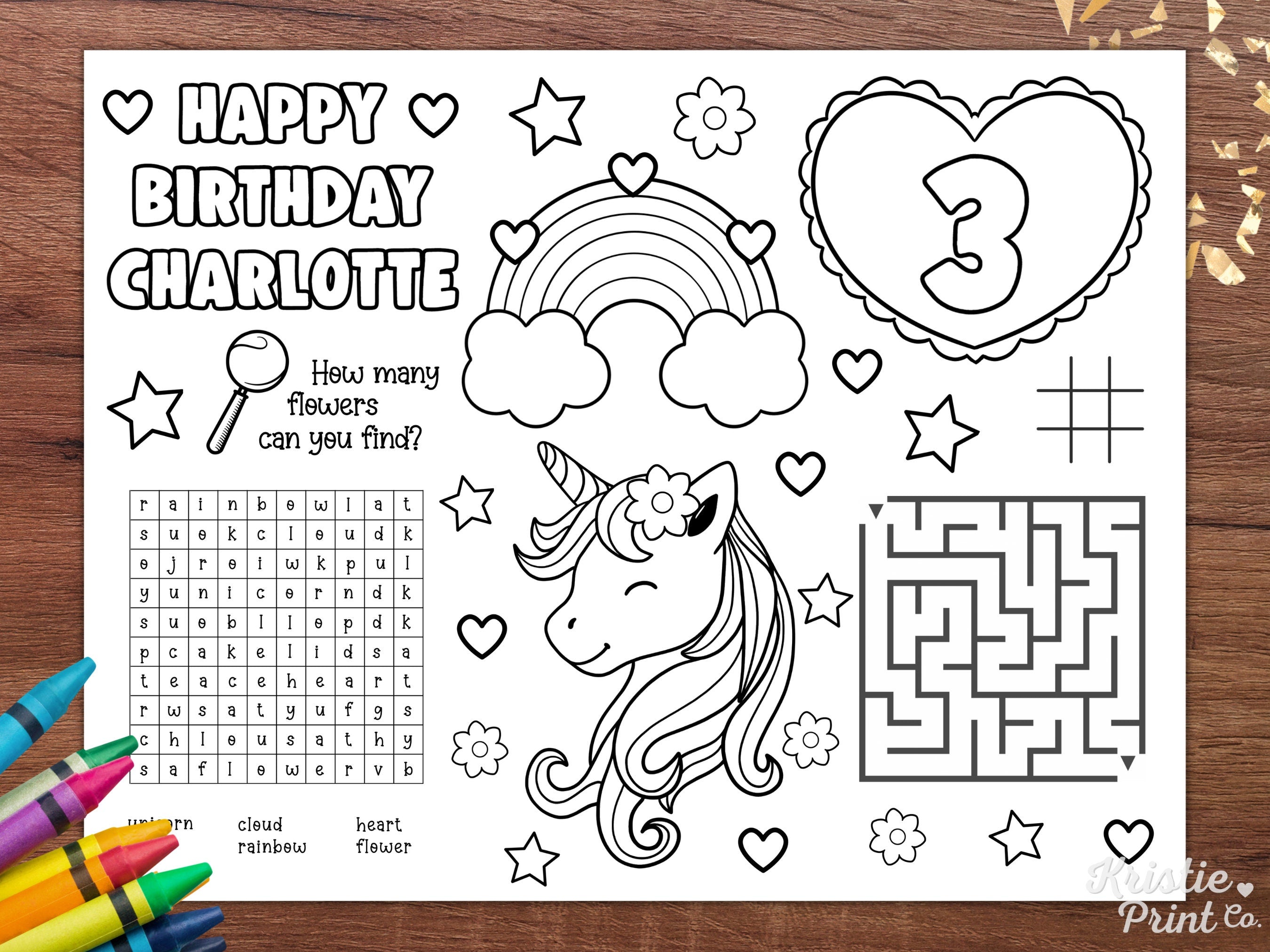 Editable Unicorn Placemat Birthday Party Coloring Placemat Unicorn Birthday Coloring Mats Unicorn Coloring Page Happy Birthday Coloring Graphic Tee – Aesthetic Look · High-Quality Print
